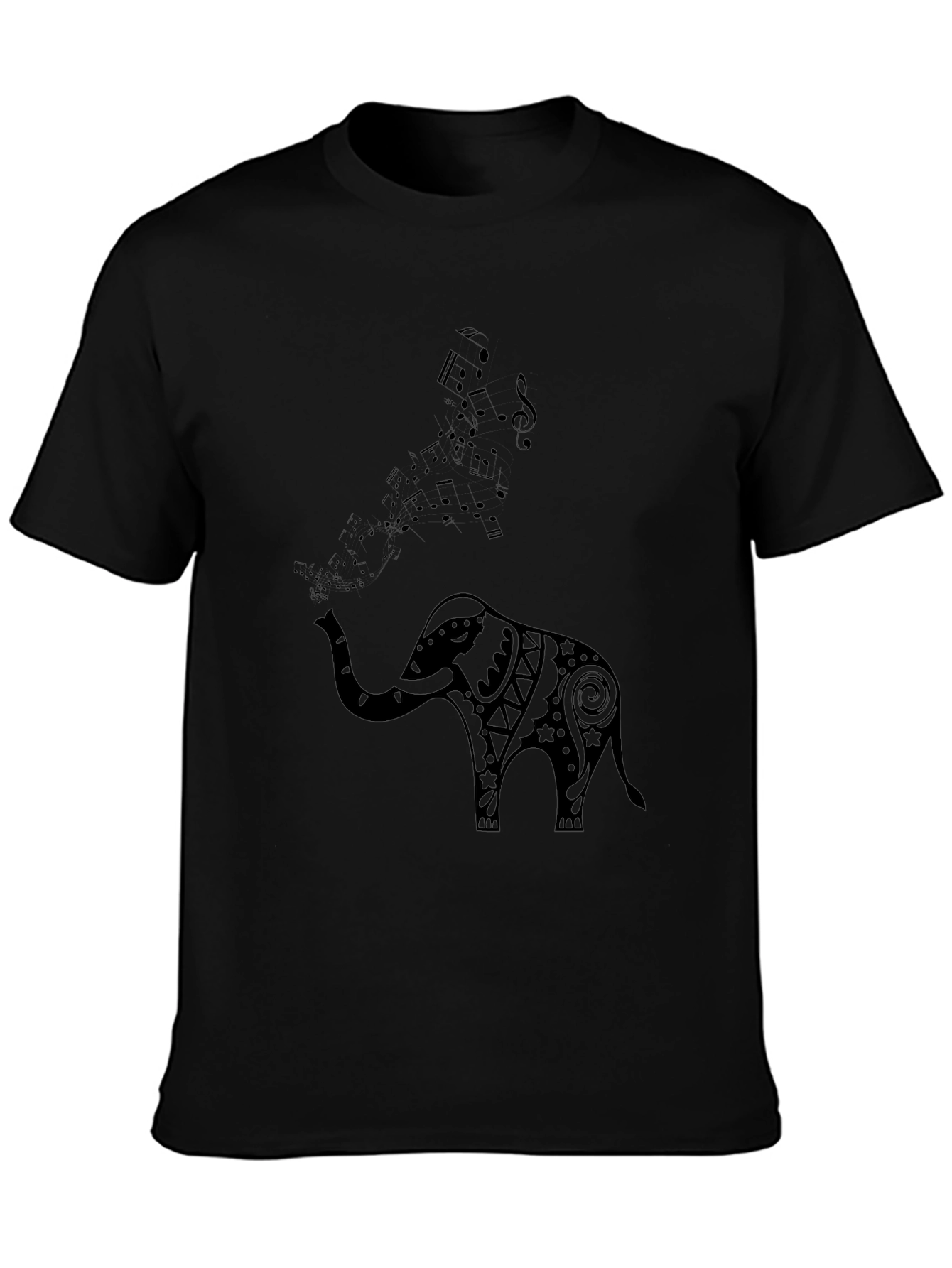 Elephant Music Notes Mens Black Graphic Tee