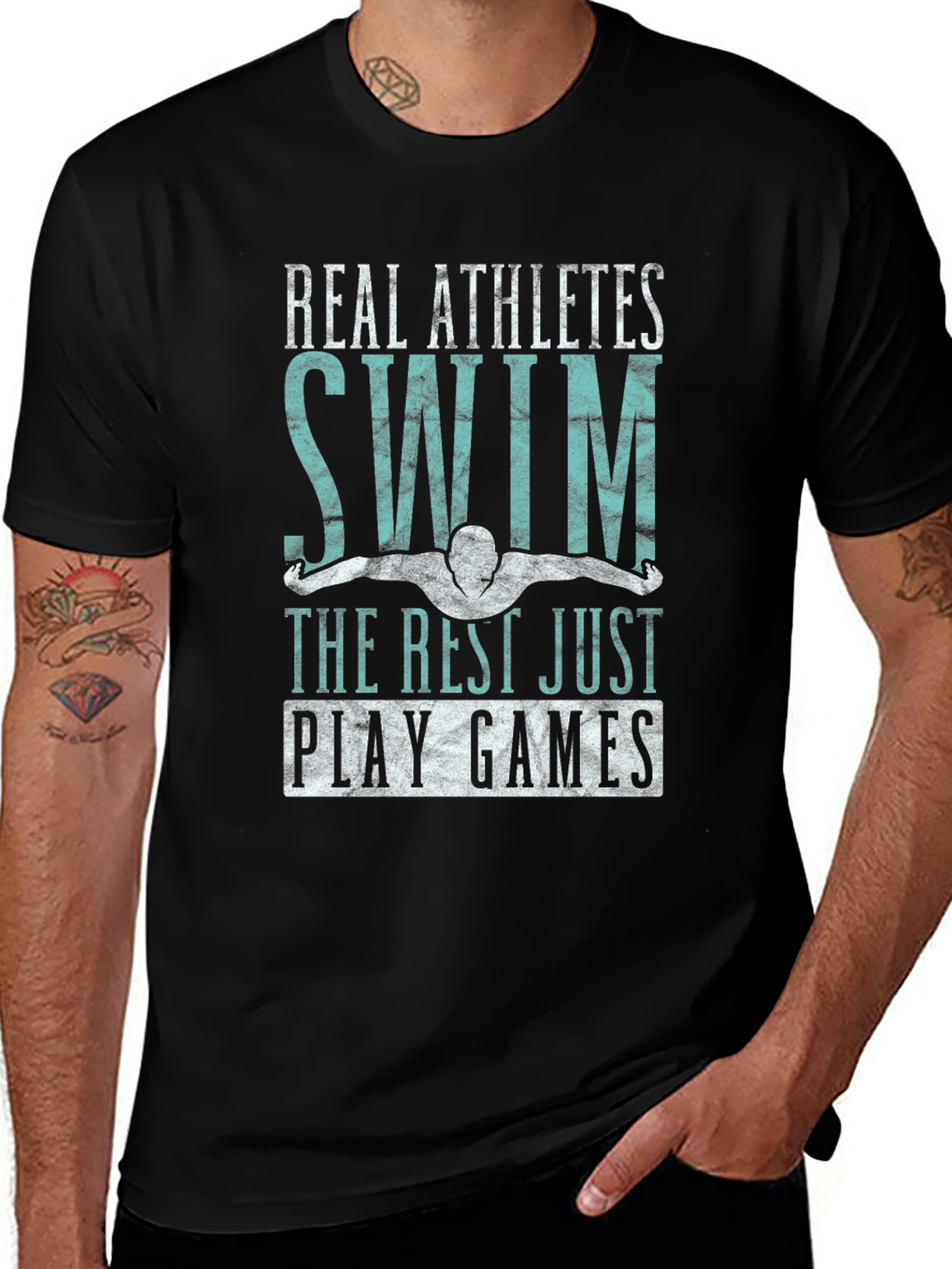 Real Athletes Swim Black Graphic T-Shirt