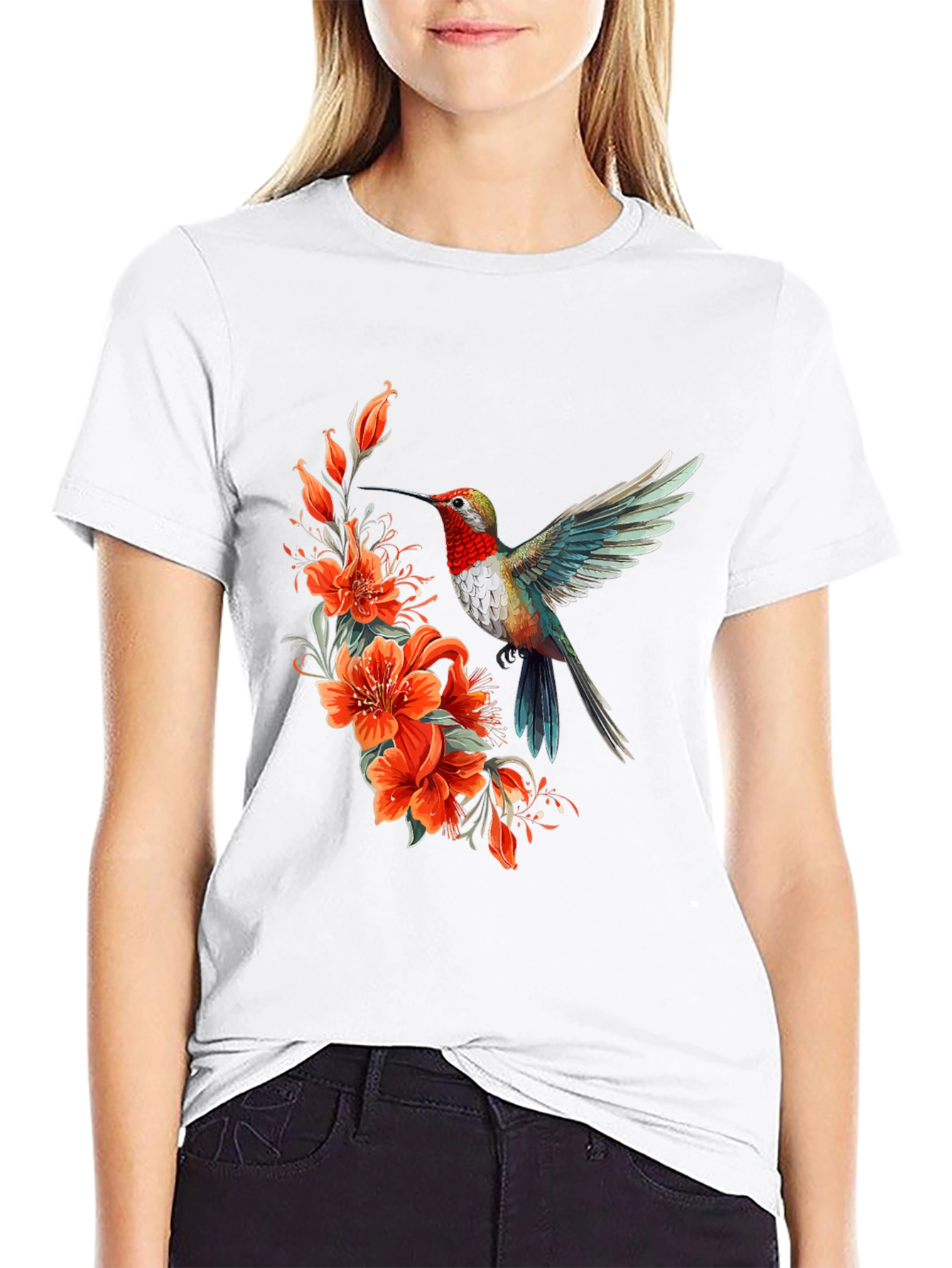 Hummingbird & Floral Print Black T-Shirt