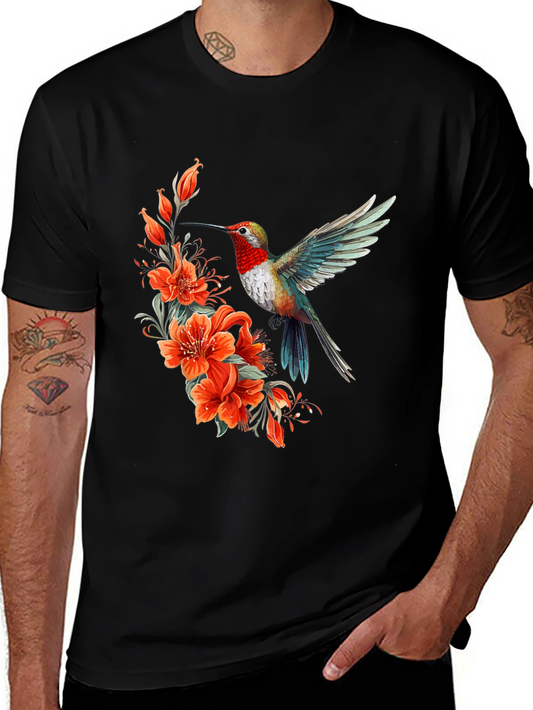 Hummingbird & Floral Print Black T-Shirt