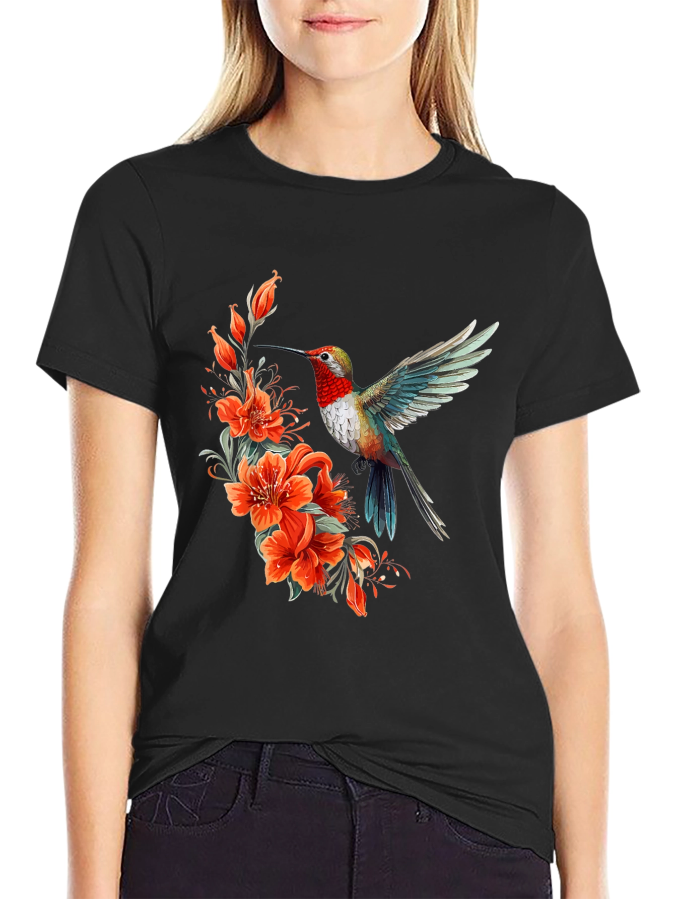 Hummingbird & Floral Print Black T-Shirt