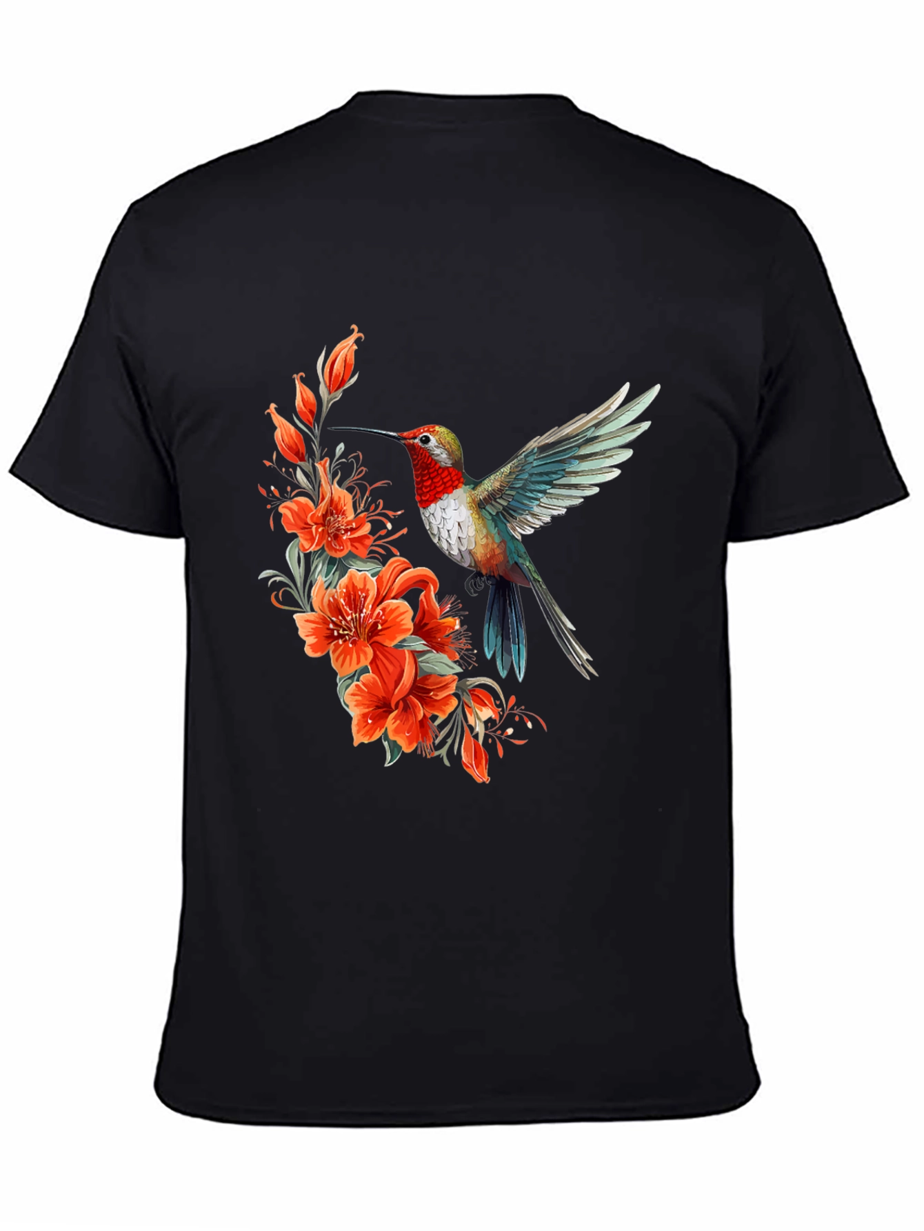 Hummingbird & Floral Print Black T-Shirt