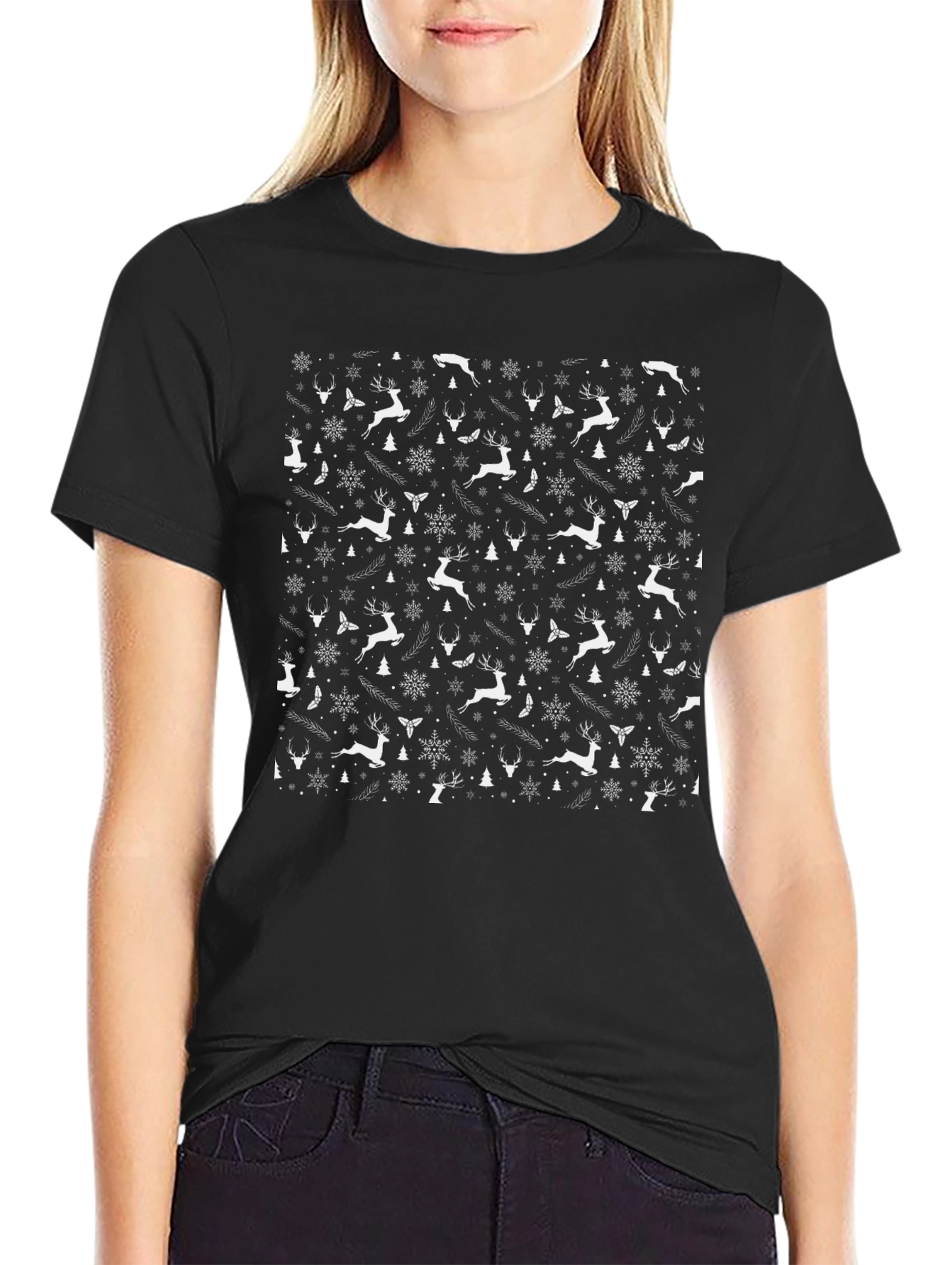 Christmas Reindeer Pattern Black T-Shirt