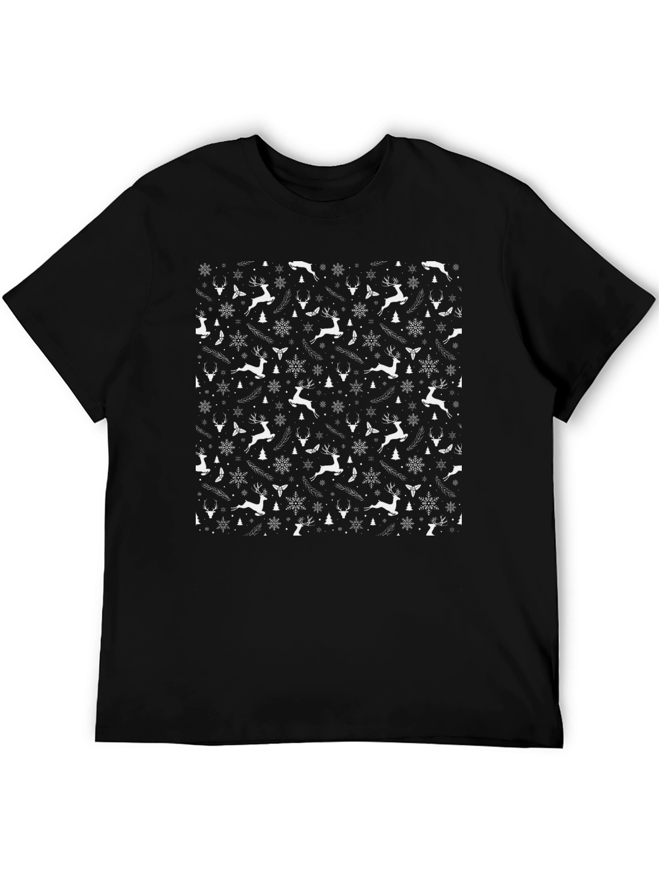 Christmas Reindeer Pattern Black T-Shirt