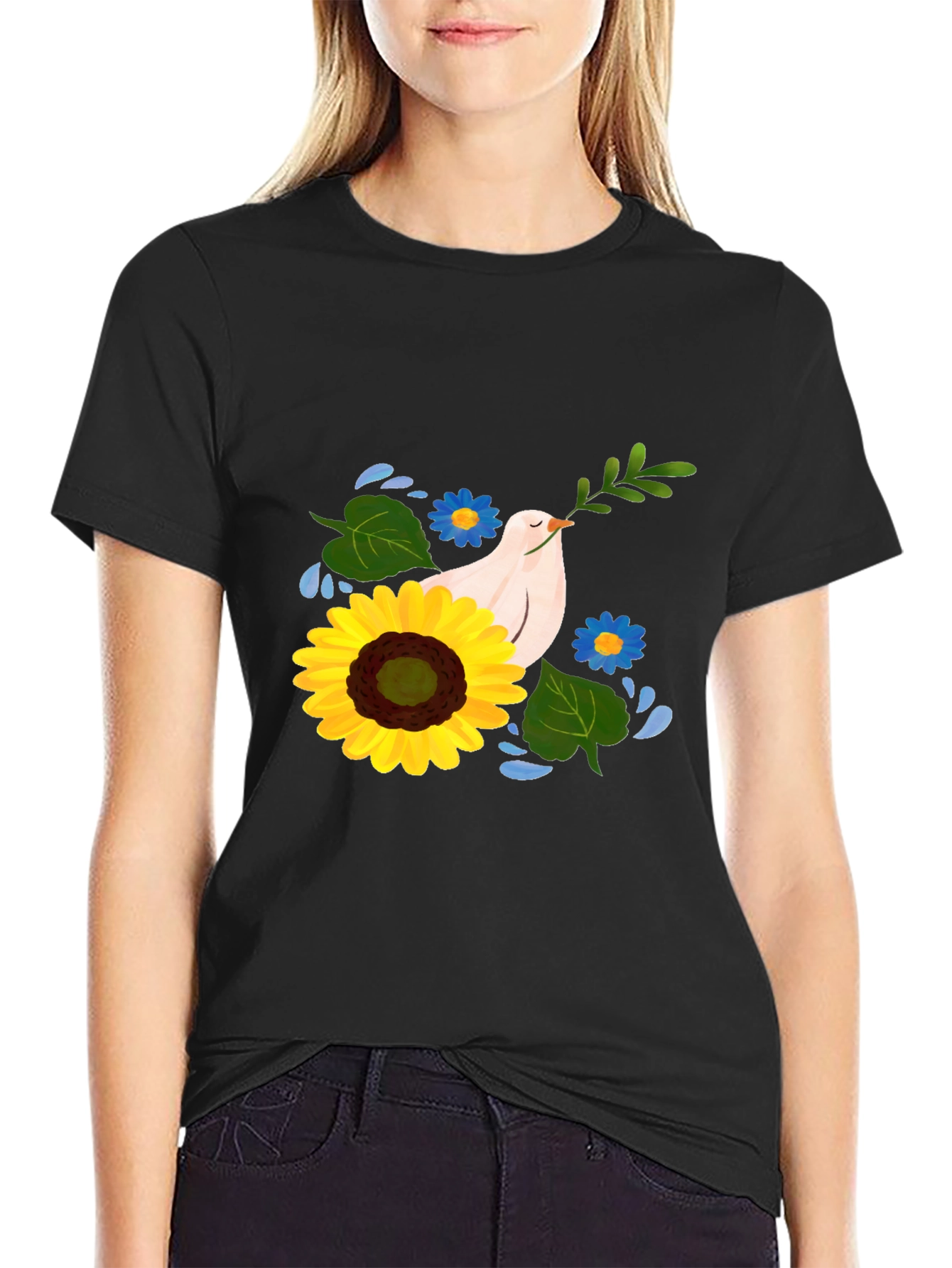 Peace Dove Sunflower Graphic Tee - Black