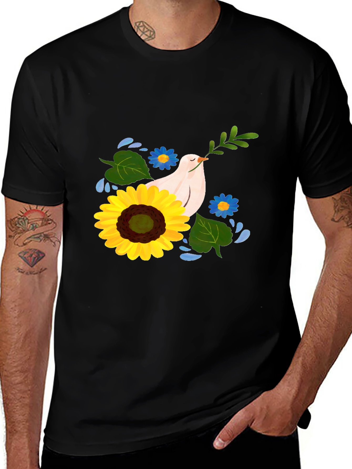 Peace Dove Sunflower Graphic Tee - Black