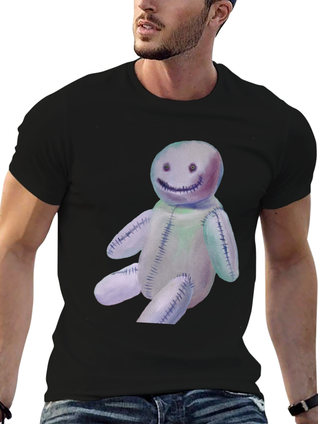 Spooky Stitched Doll Graphic Tee - Black