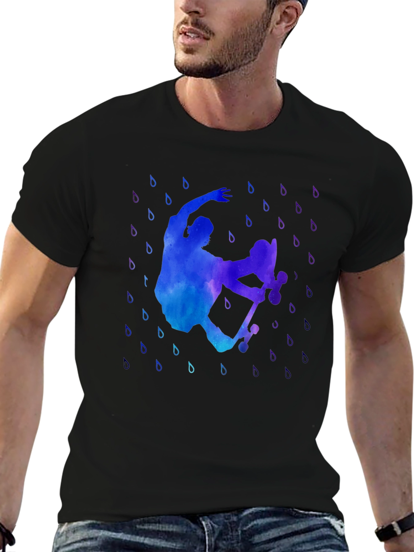 Watercolor Skateboarder Black T-Shirt