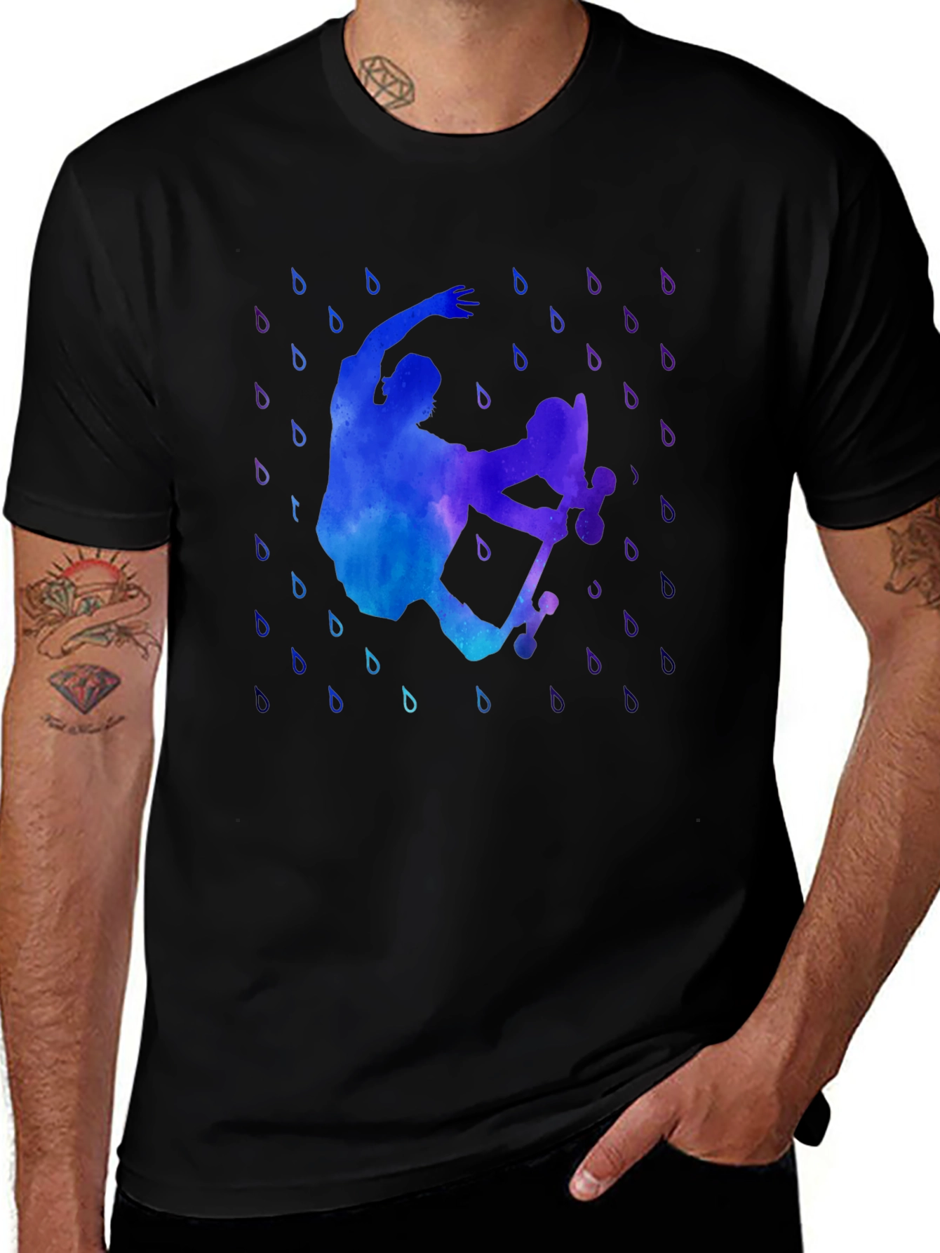 Watercolor Skateboarder Black T-Shirt
