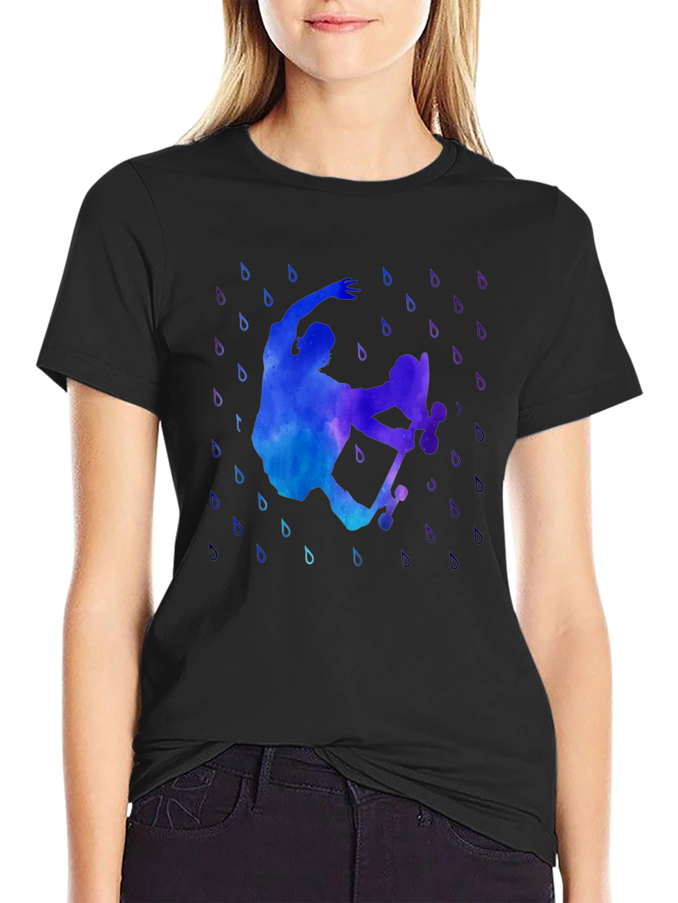 Watercolor Skateboarder Black T-Shirt