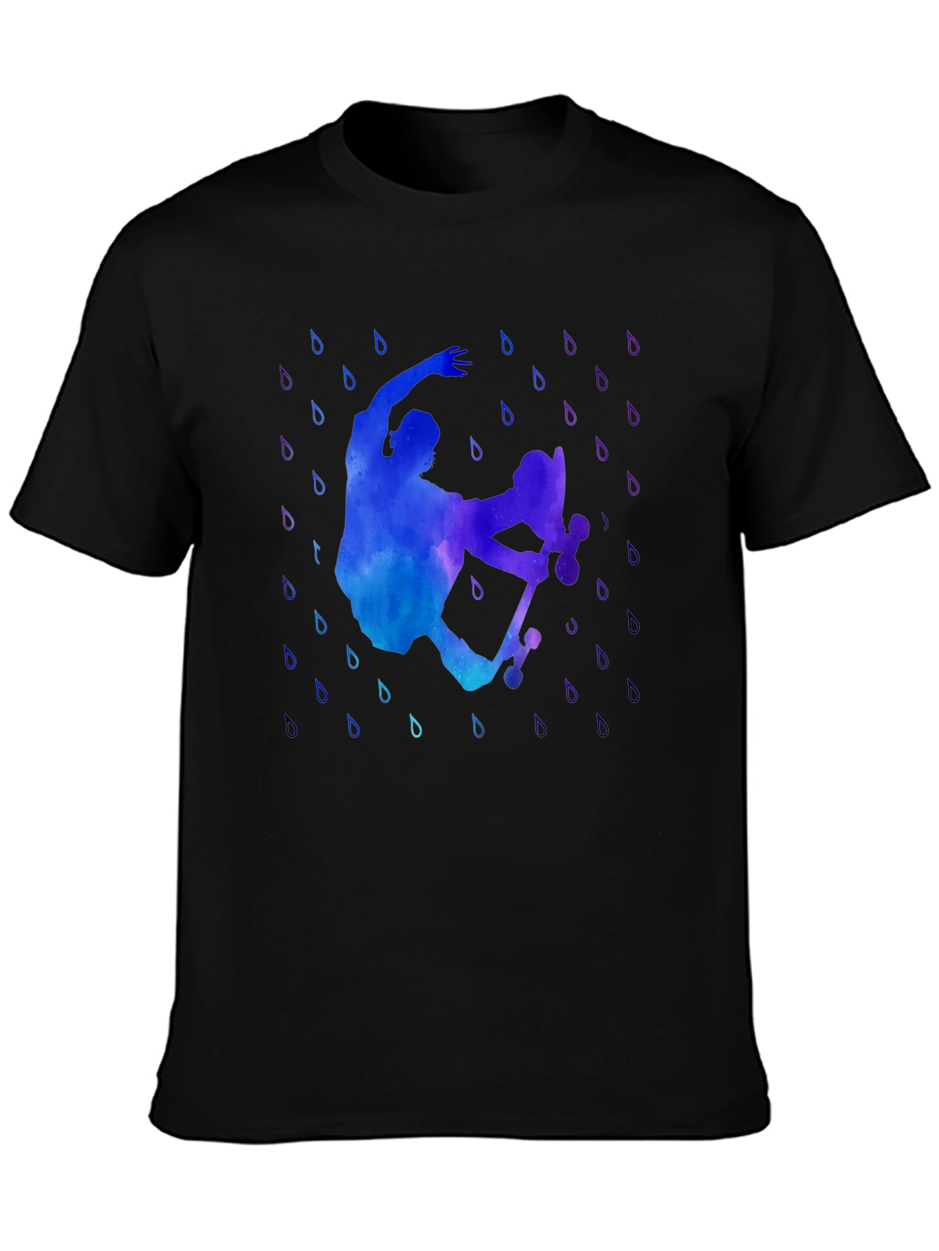 Watercolor Skateboarder Black T-Shirt