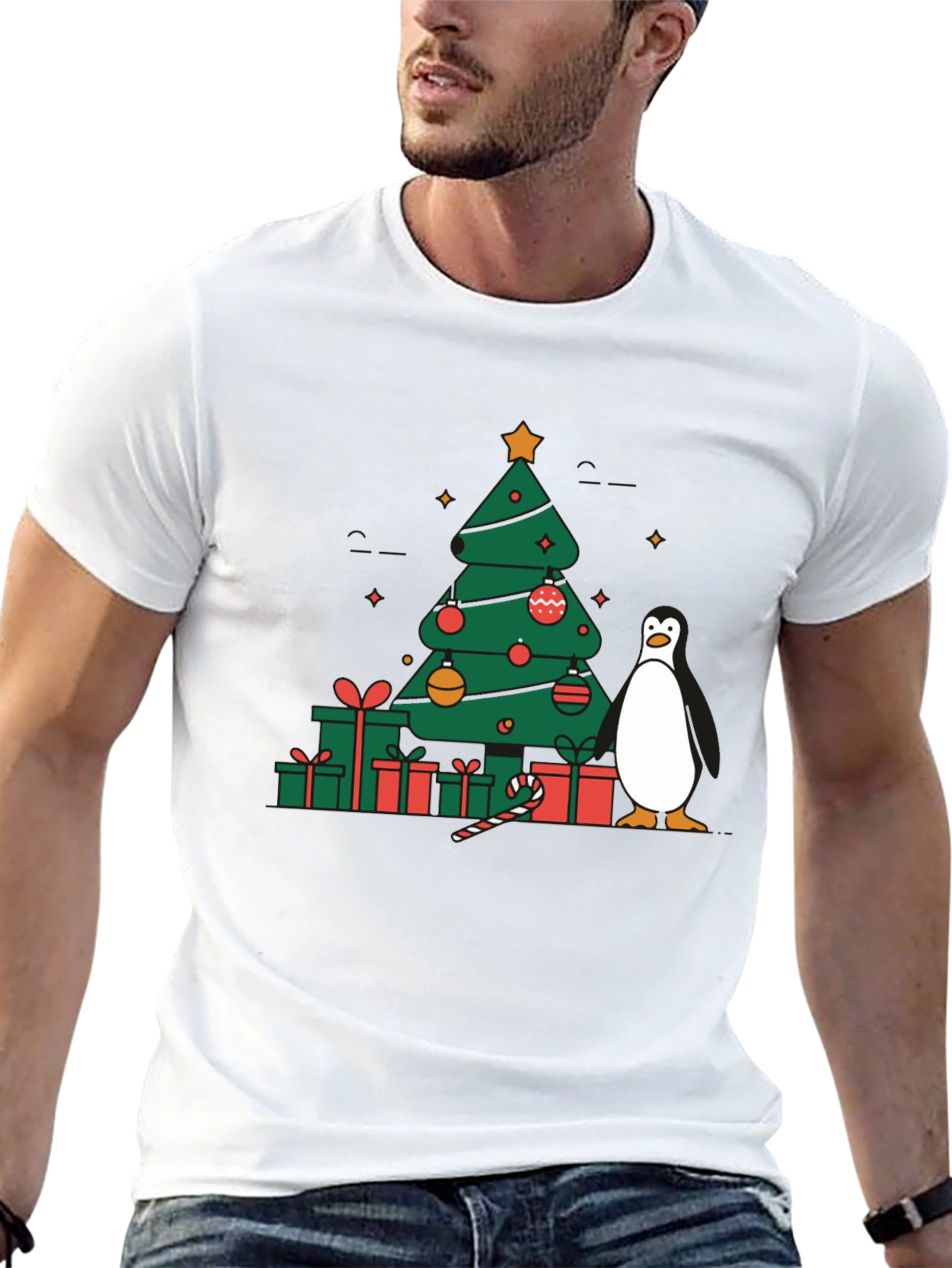 Festive Christmas Tree & Penguin Graphic Tee