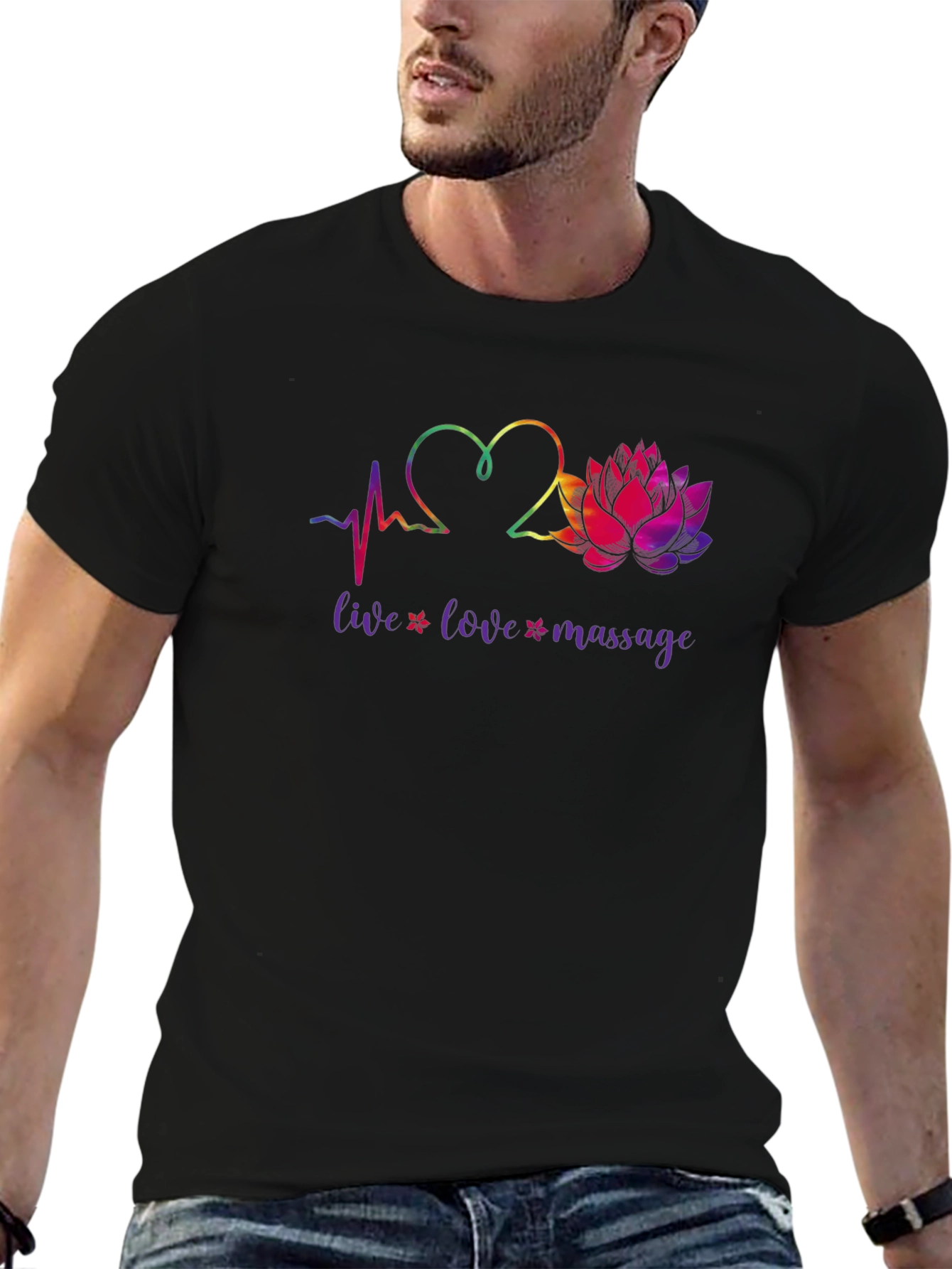 Live Love Massage Heart & Lotus Black T-Shirt