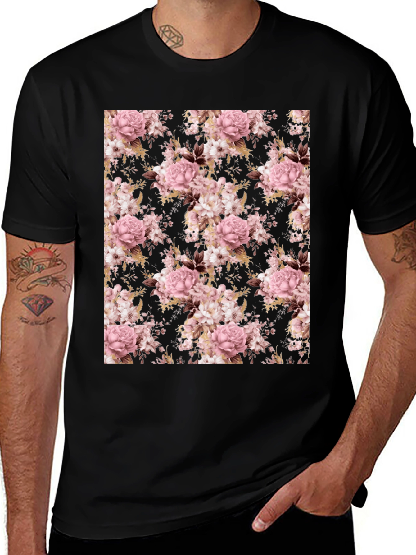 Floral Print Black Crew Neck T-Shirt