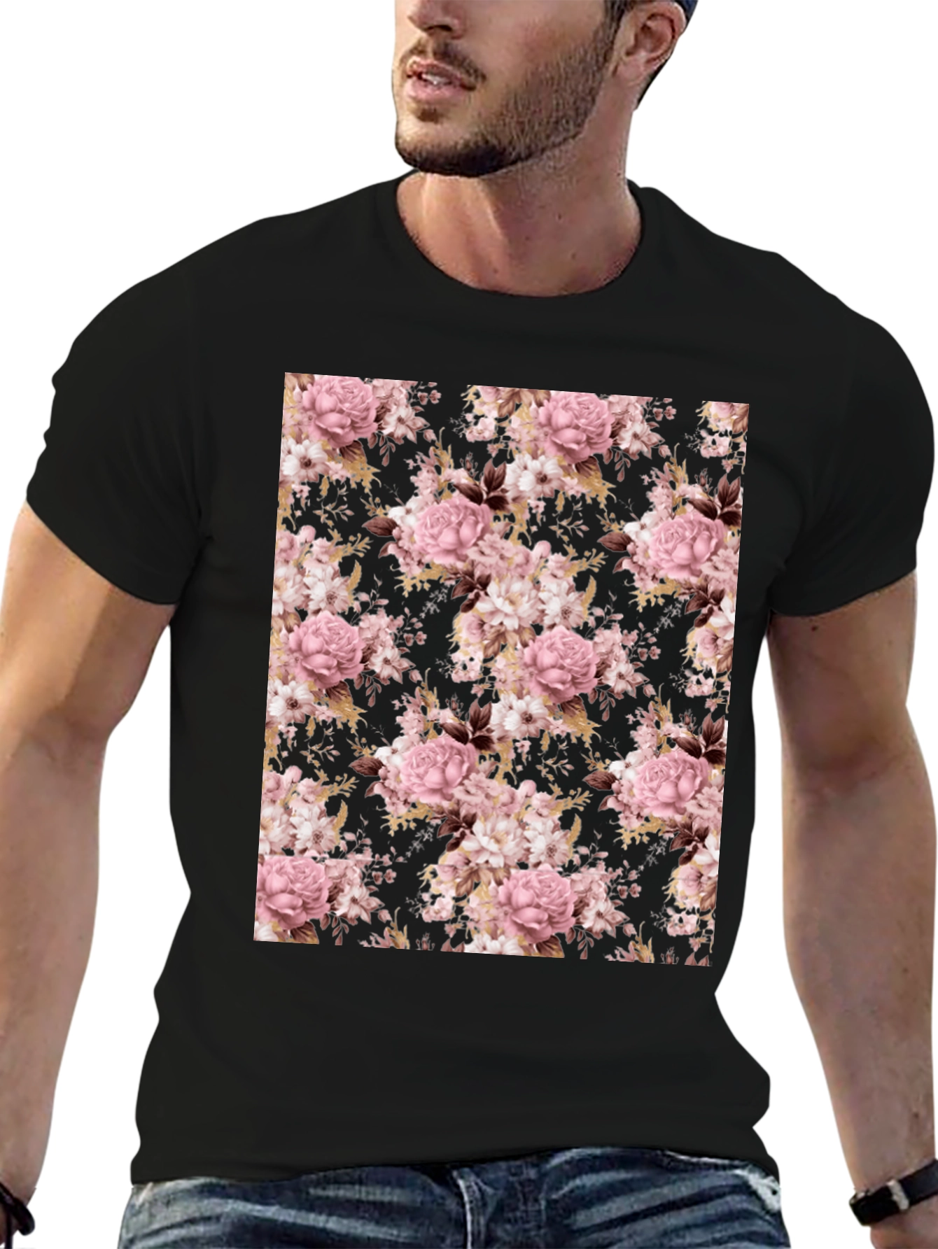Floral Print Black Crew Neck T-Shirt