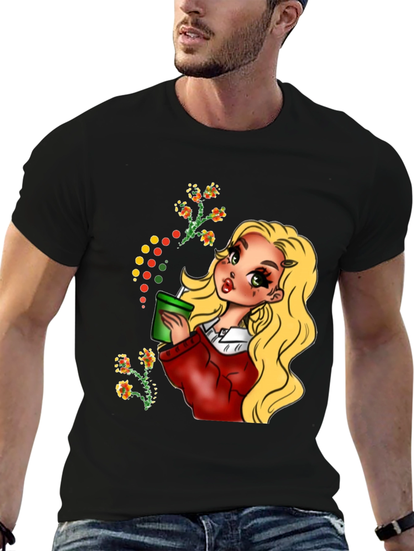 Blonde Cartoon Girl Black T-Shirt