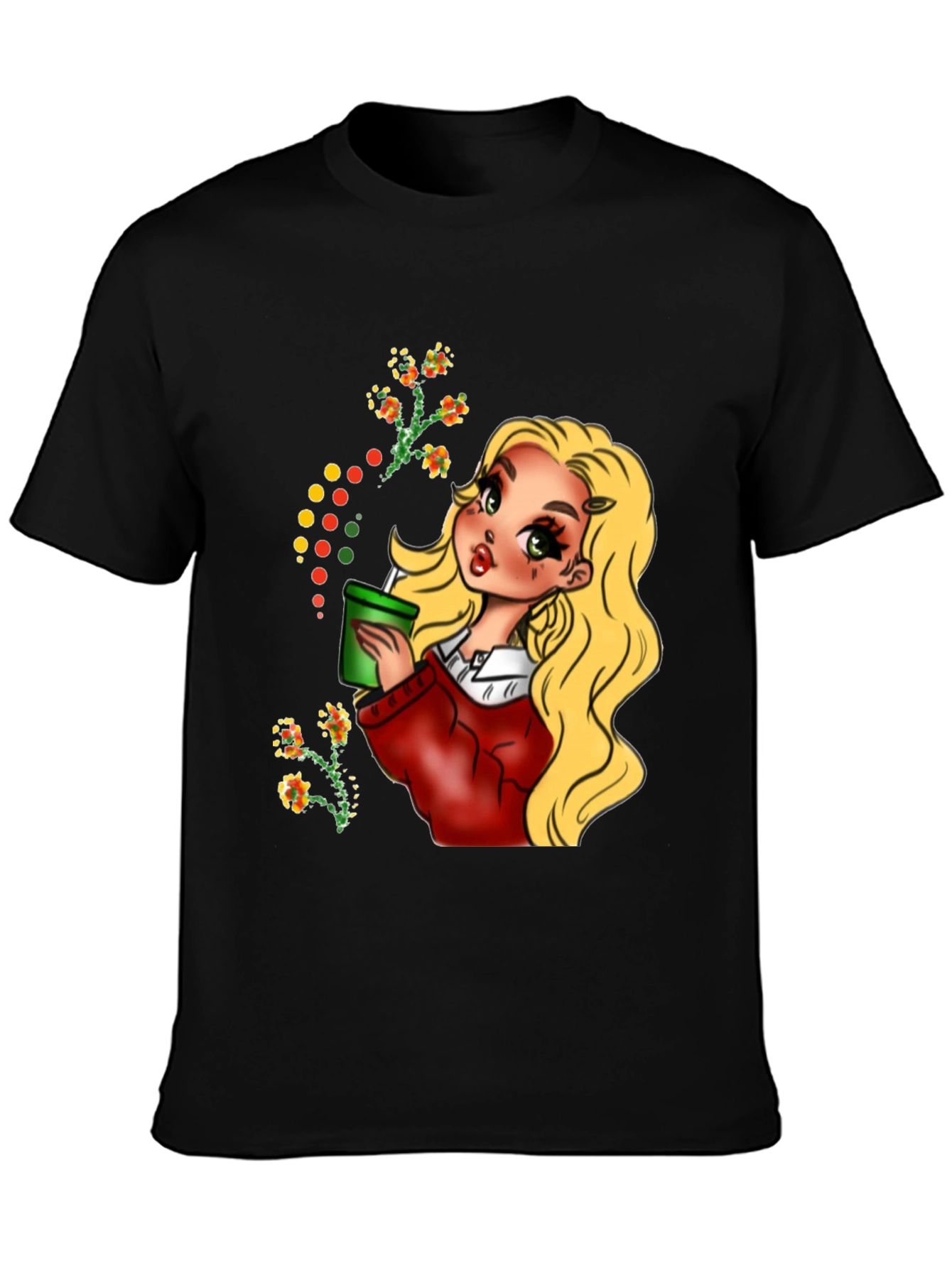 Blonde Cartoon Girl Black T-Shirt