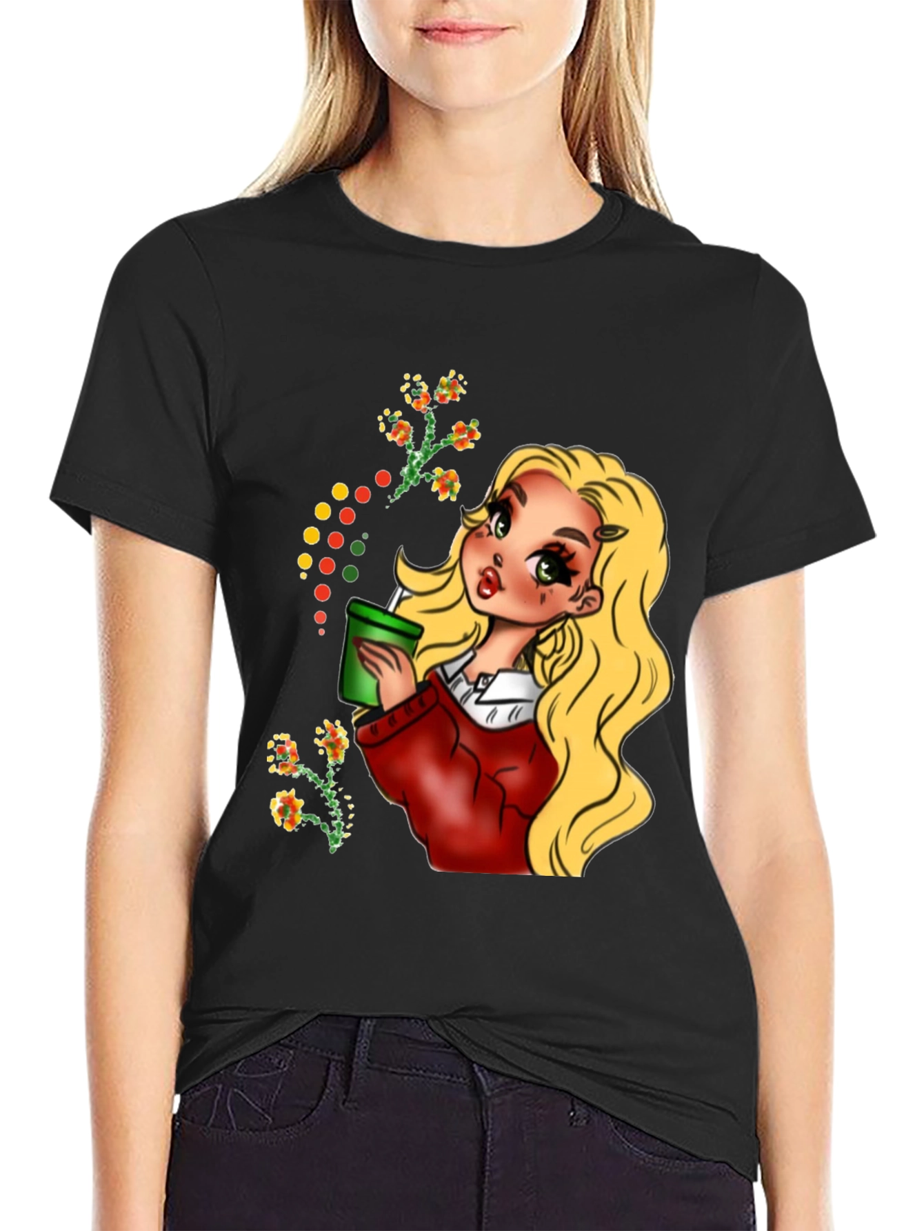 Blonde Cartoon Girl Black T-Shirt