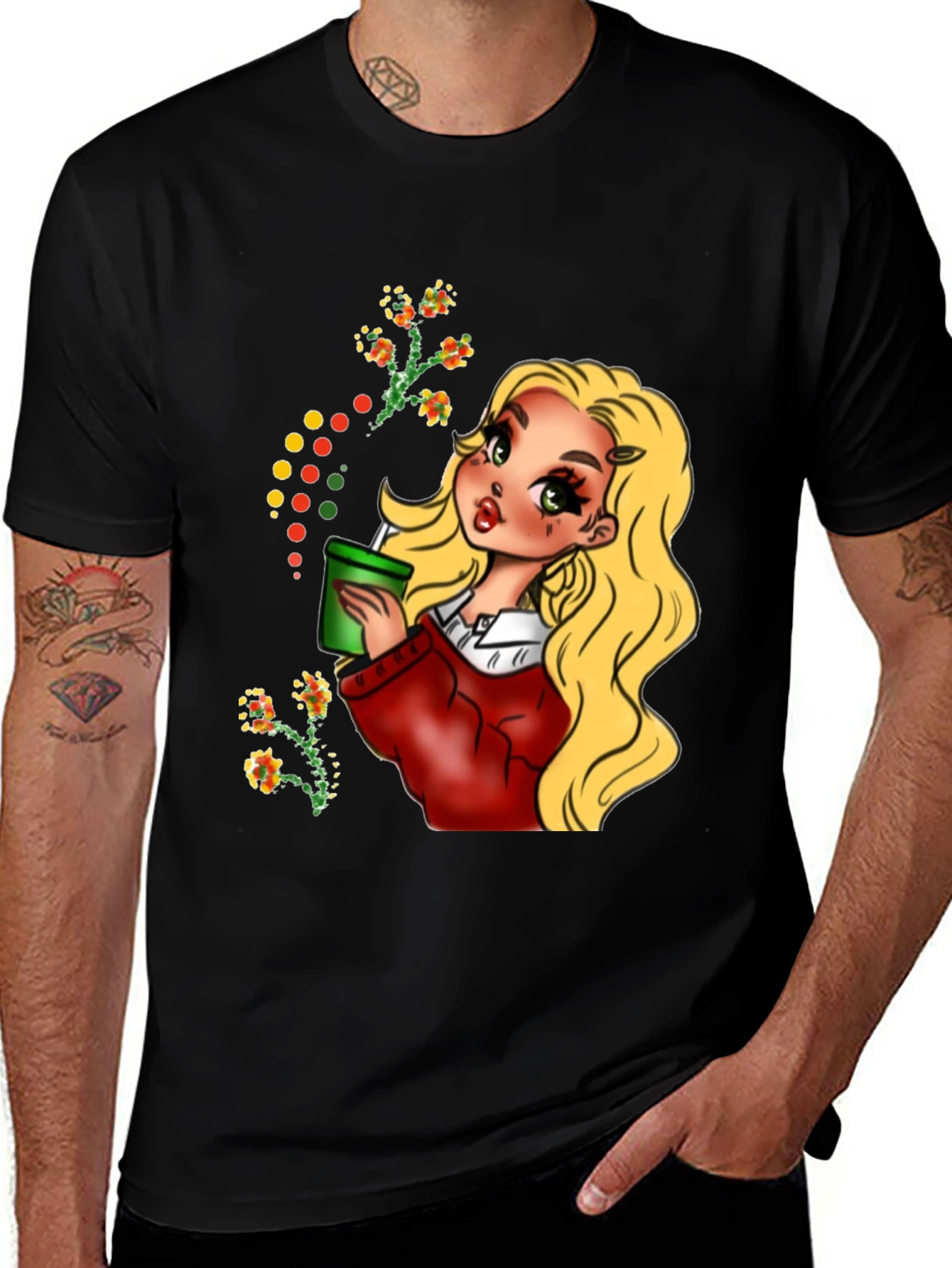 Blonde Cartoon Girl Black T-Shirt