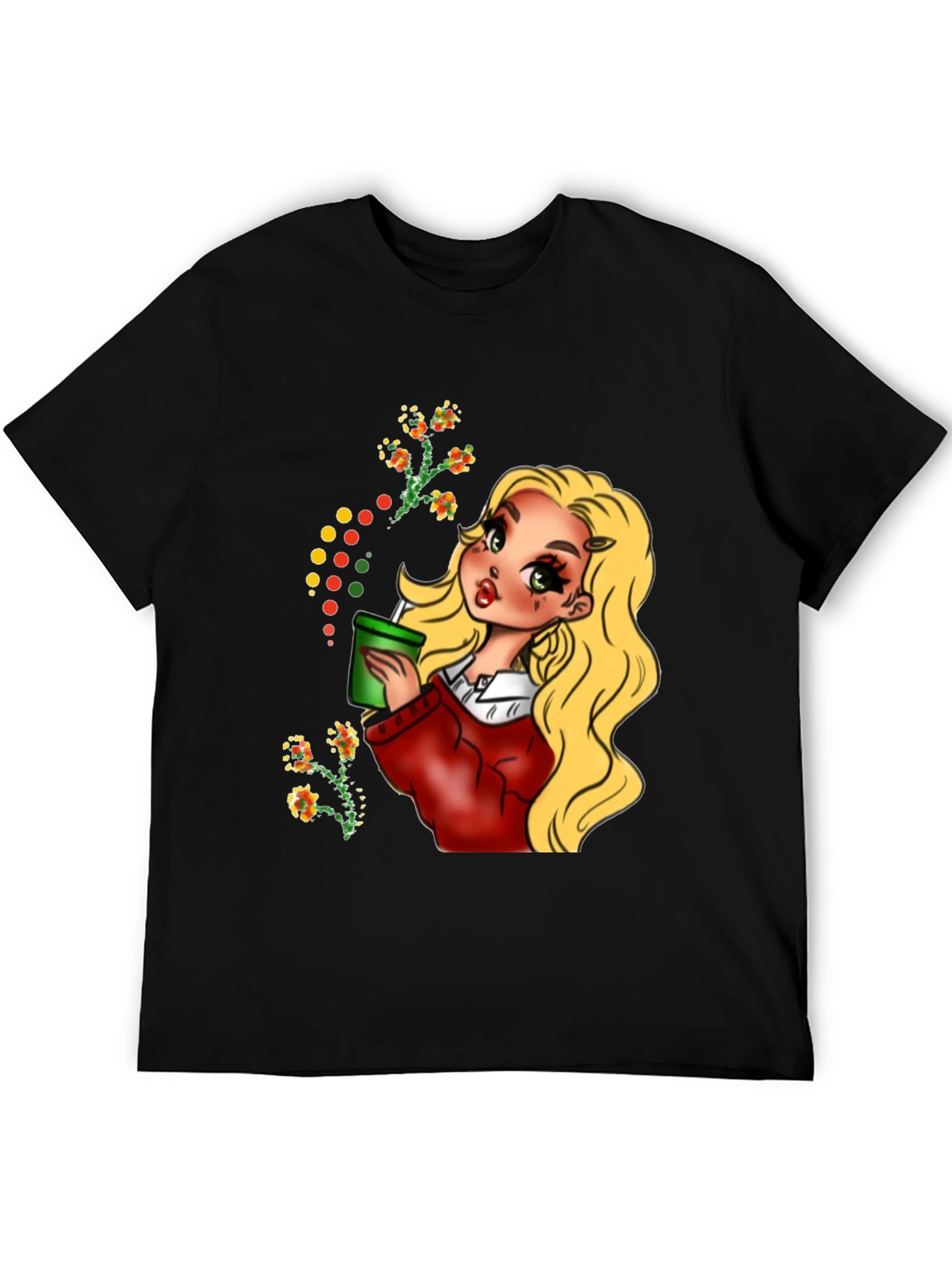Blonde Cartoon Girl Black T-Shirt