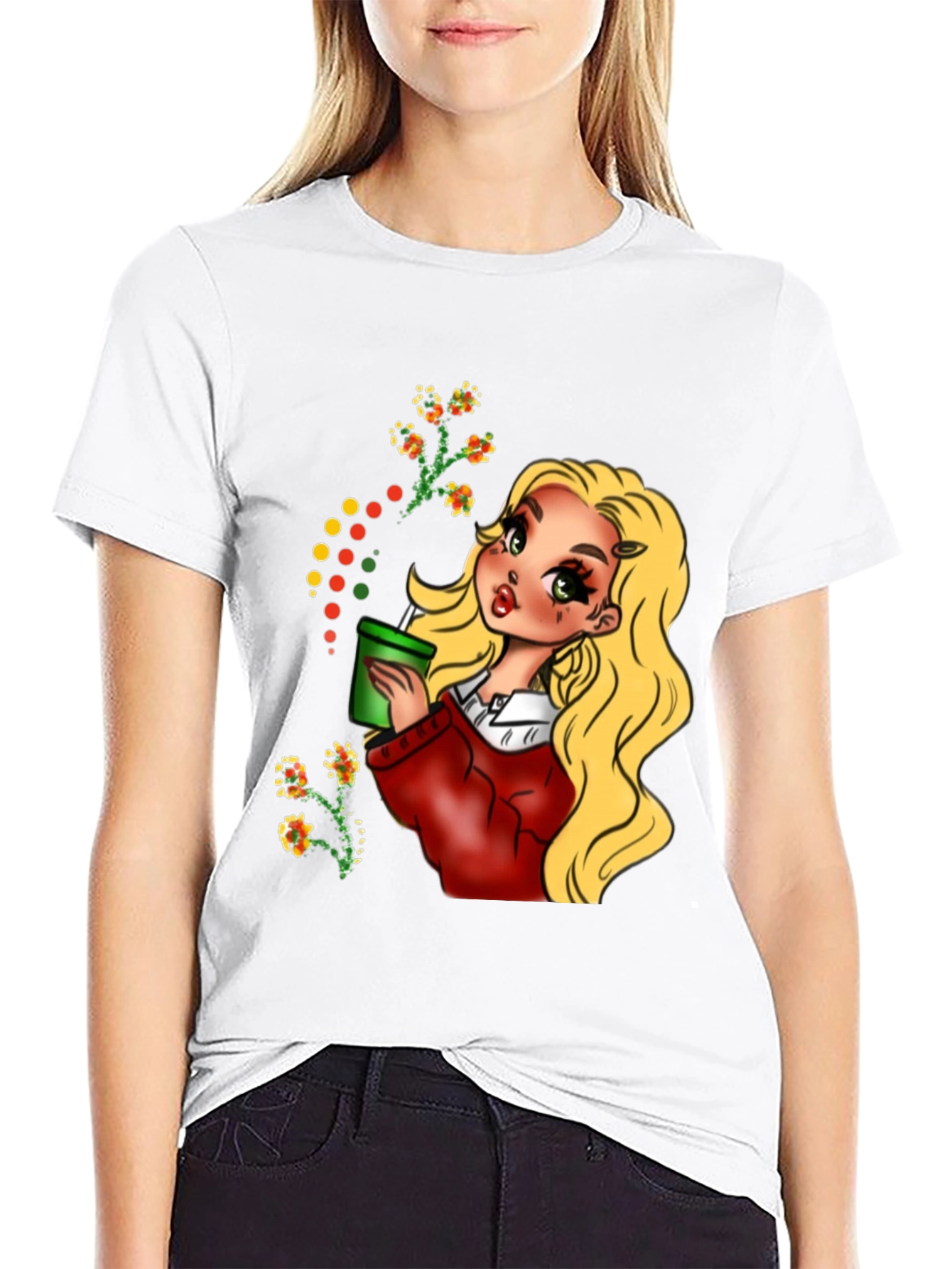 Blonde Cartoon Girl Black T-Shirt