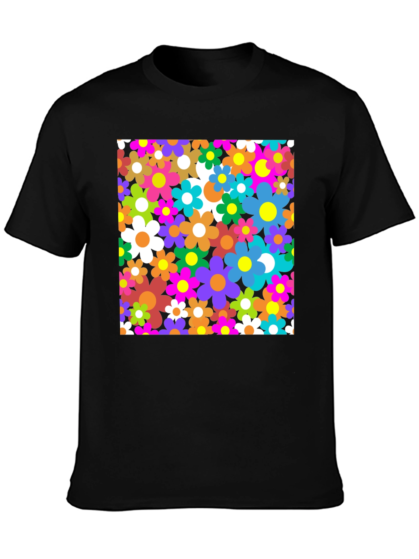 Retro Floral Graphic Tee - Black Cotton