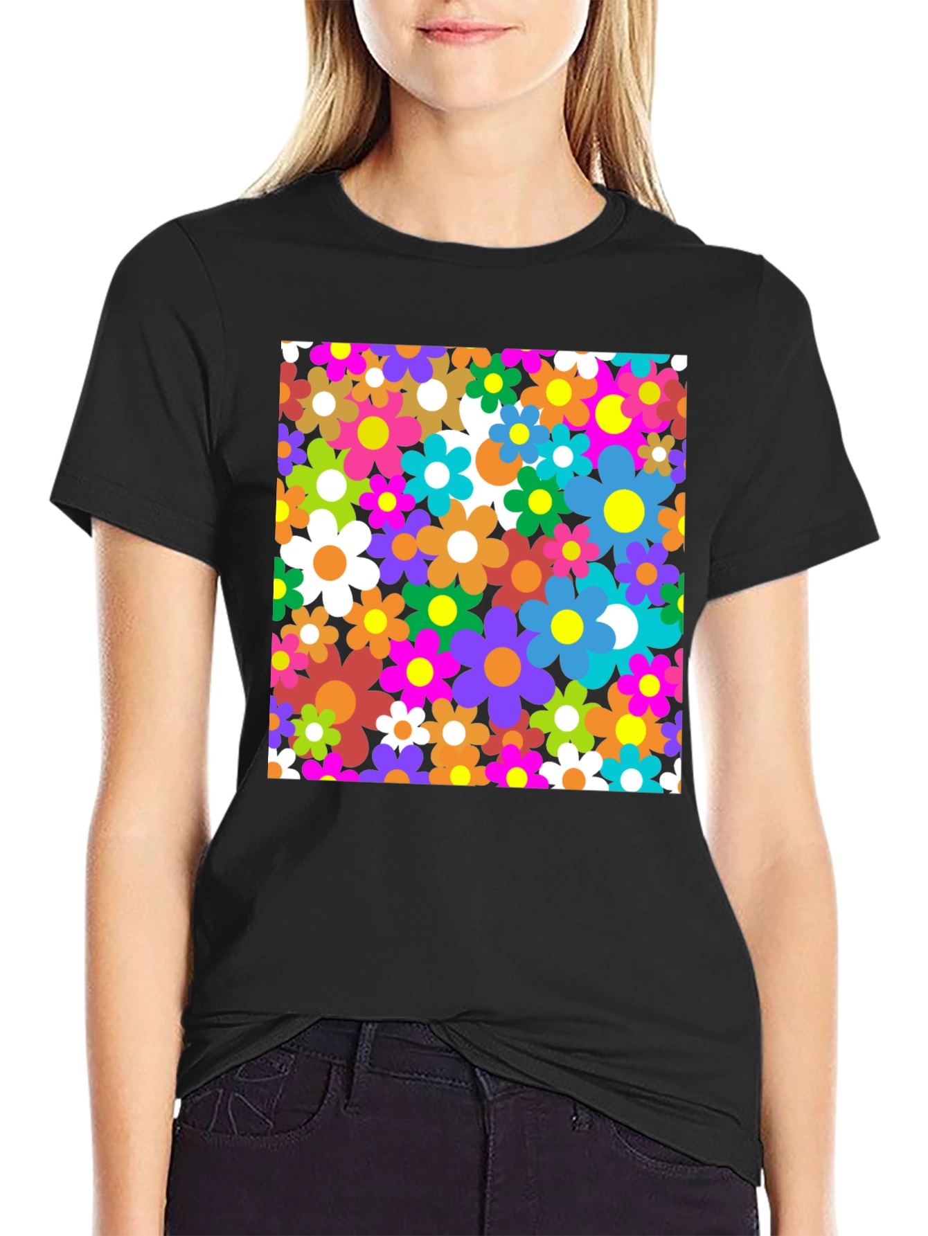 Retro Floral Graphic Tee - Black Cotton