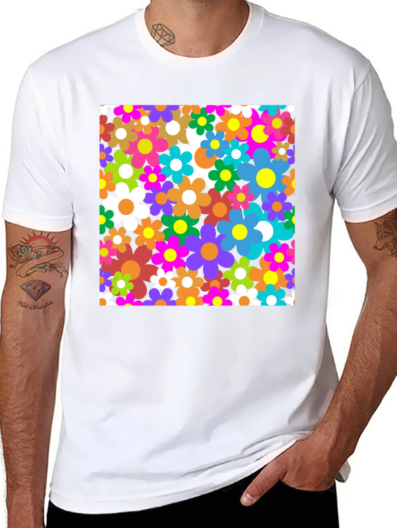 Retro Floral Graphic Tee - Black Cotton