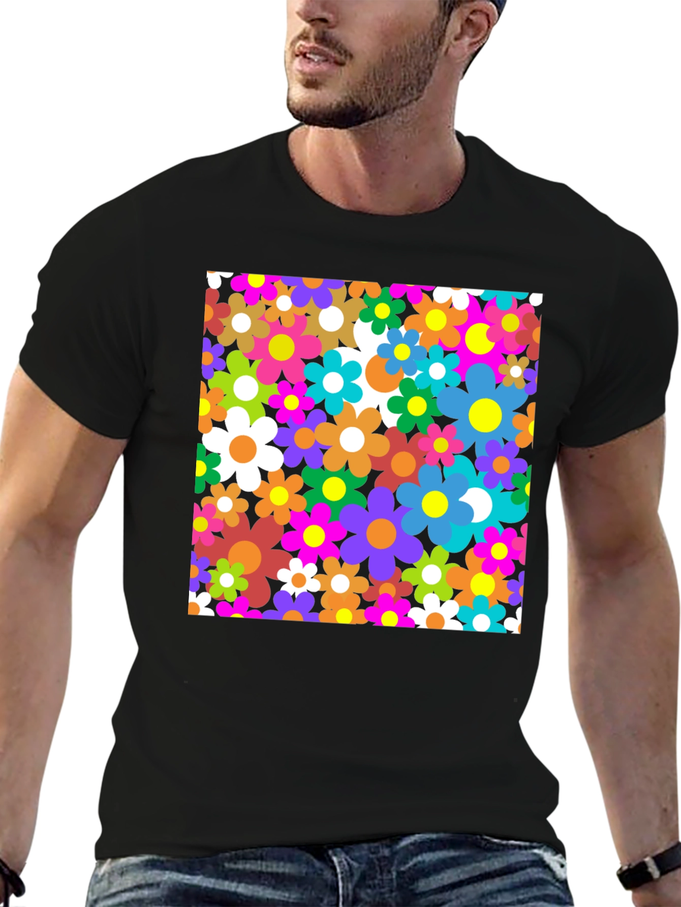 Retro Floral Graphic Tee - Black Cotton