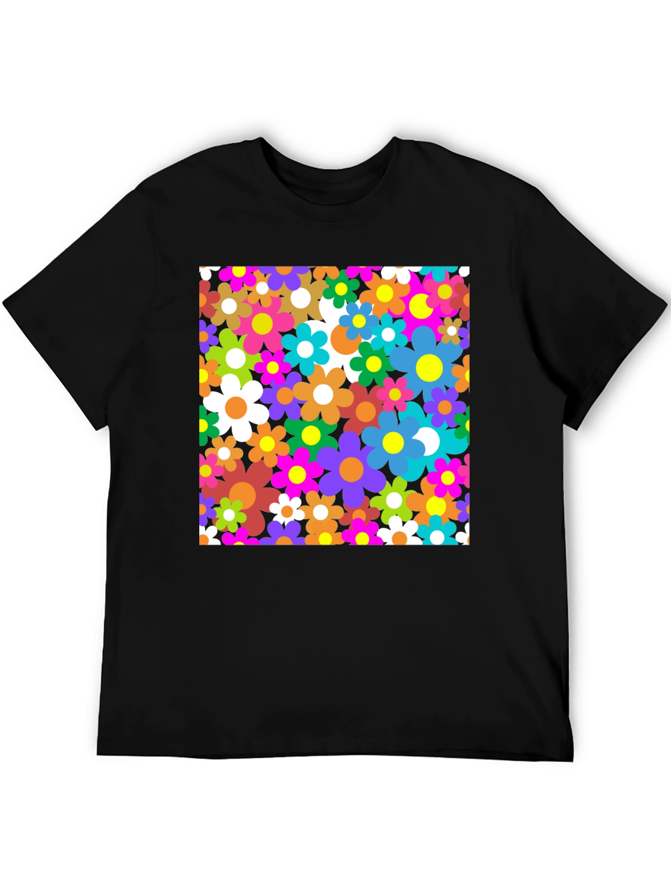 Retro Floral Graphic Tee - Black Cotton