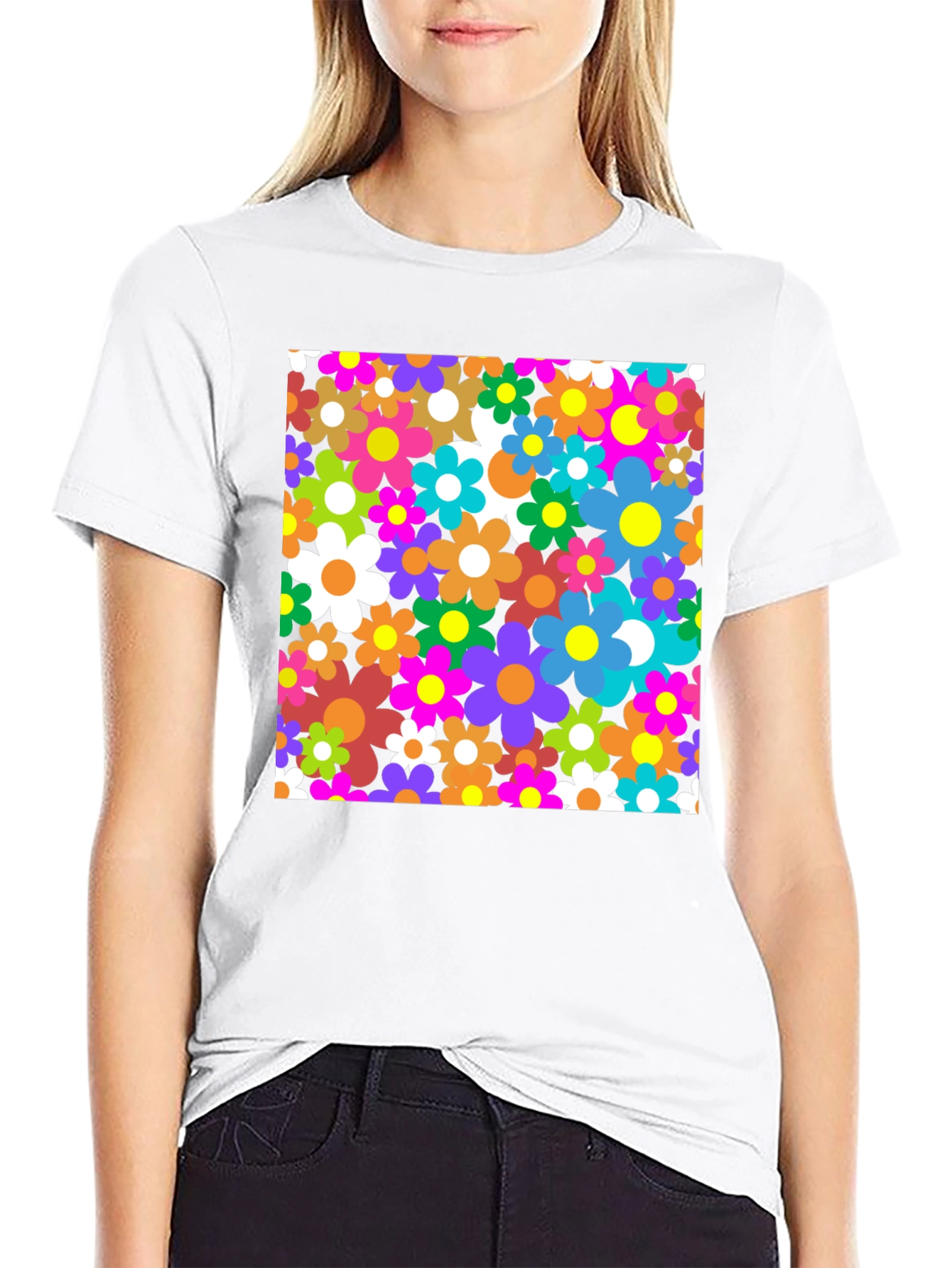 Retro Floral Graphic Tee - Black Cotton