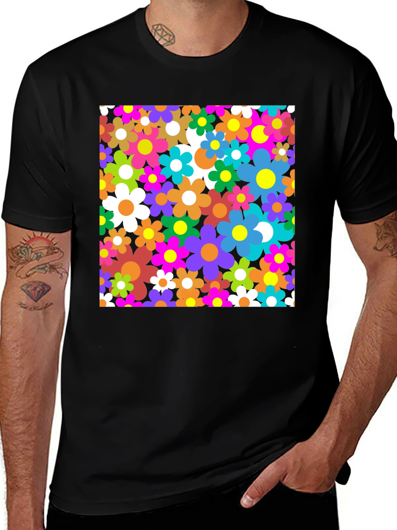 Retro Floral Graphic Tee - Black Cotton