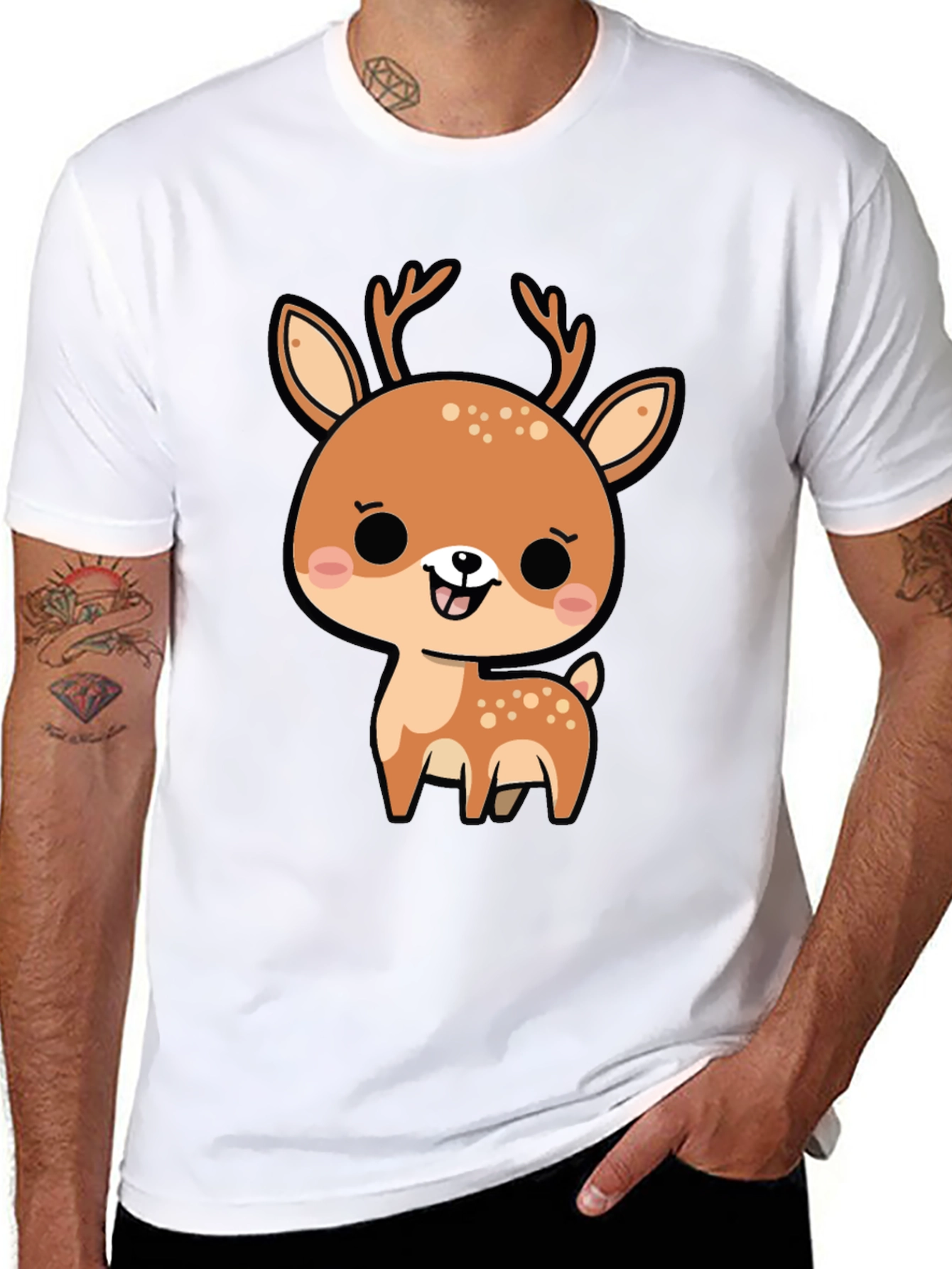 Cute Cartoon Deer Graphic Black T-Shirt