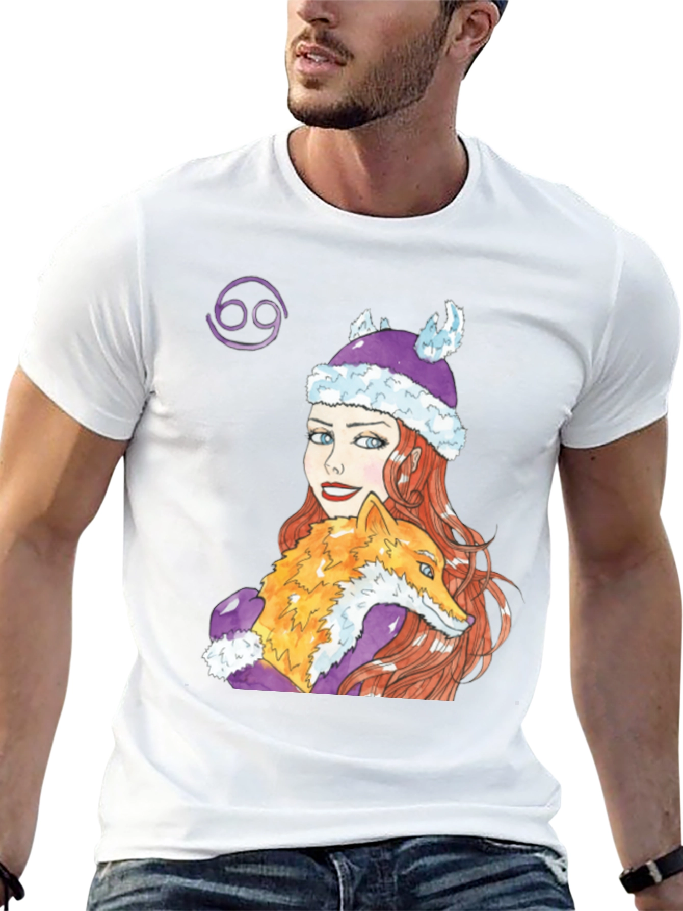 Cancer Zodiac Tee with Fox and Girl Design