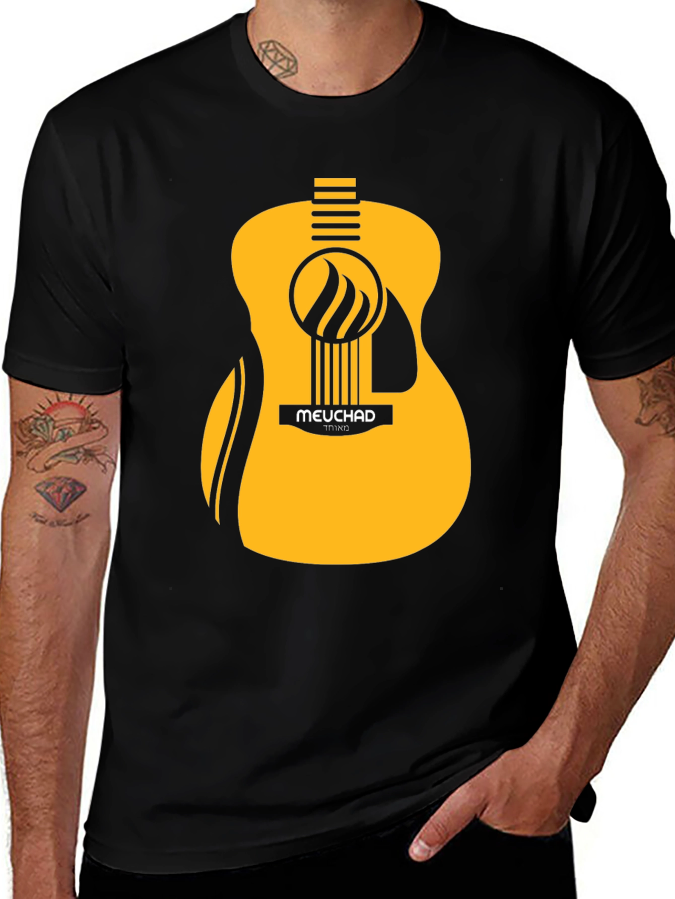 Mens Black T-Shirt with Graphic Guitar Design