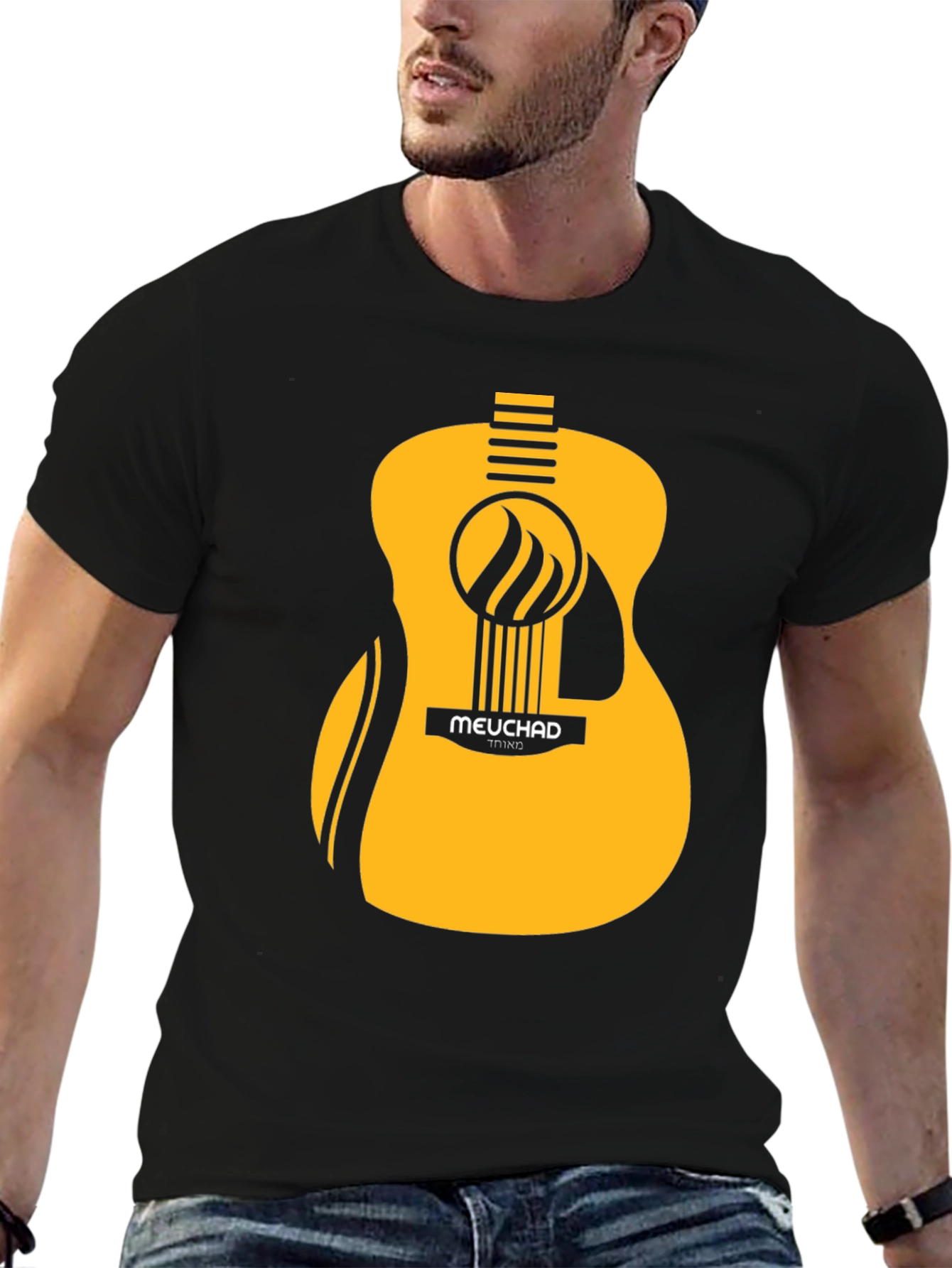 Mens Black T-Shirt with Graphic Guitar Design