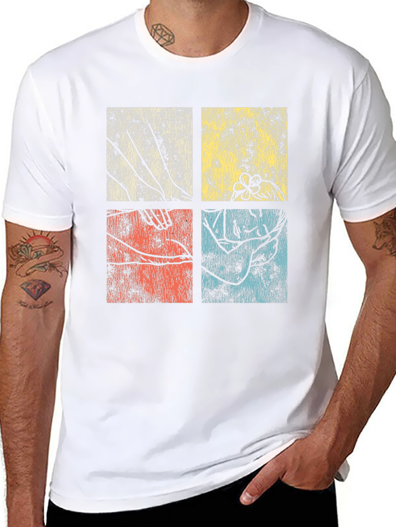 Retro Botanical Graphic Tee - Unique Four Panel Design