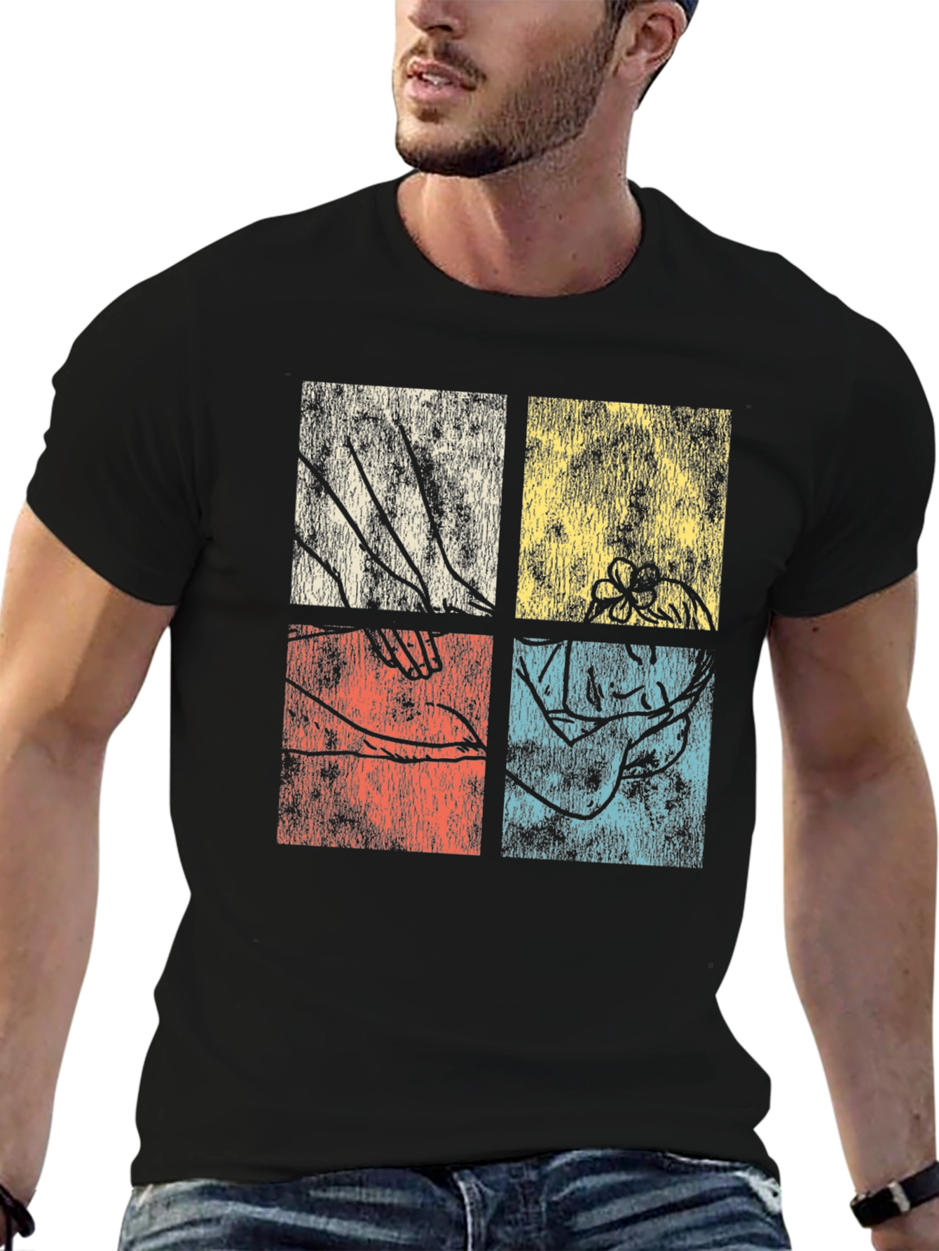 Retro Botanical Graphic Tee - Unique Four Panel Design