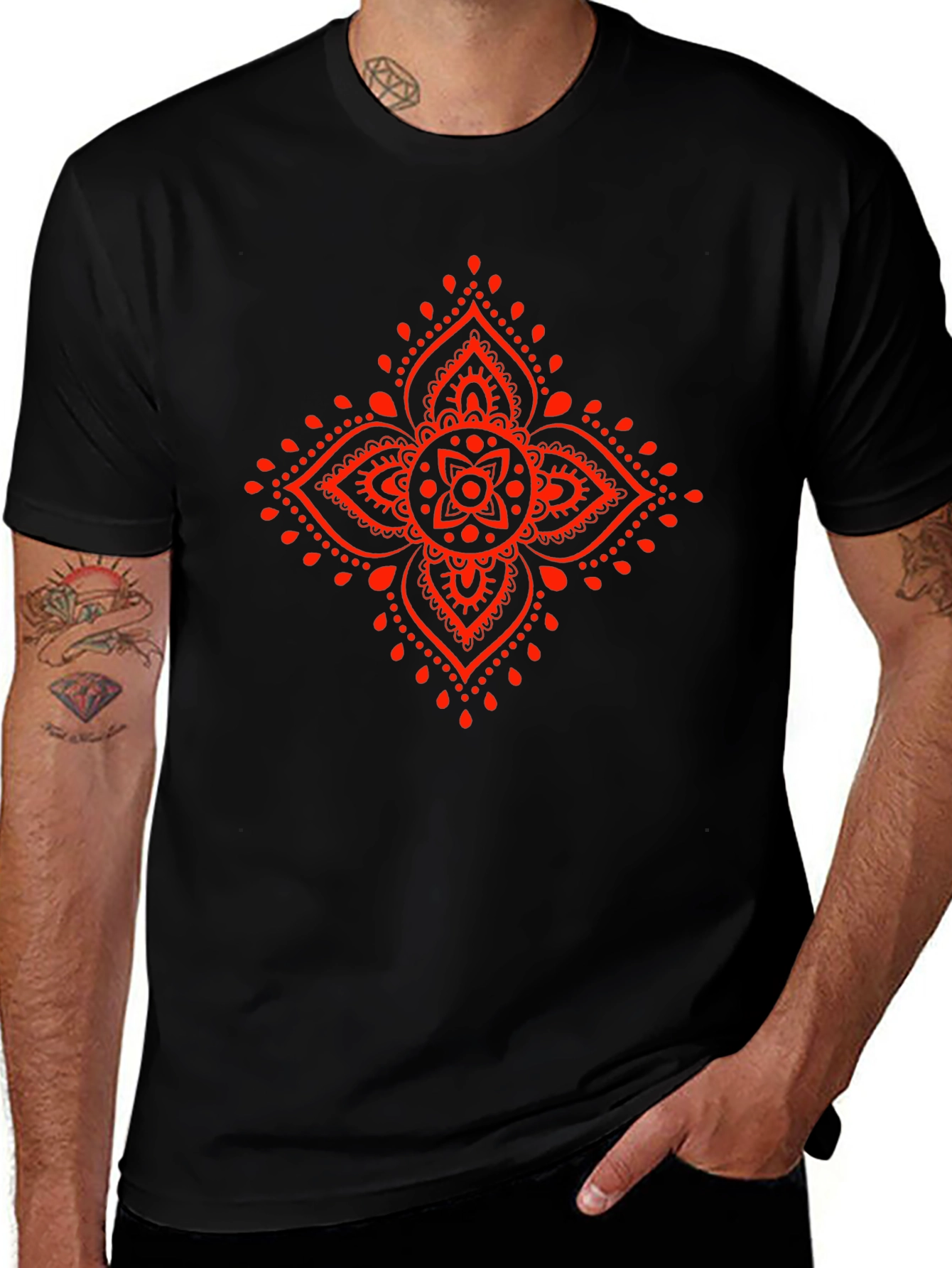 Black Tee with Red Mandala Graphic Print
