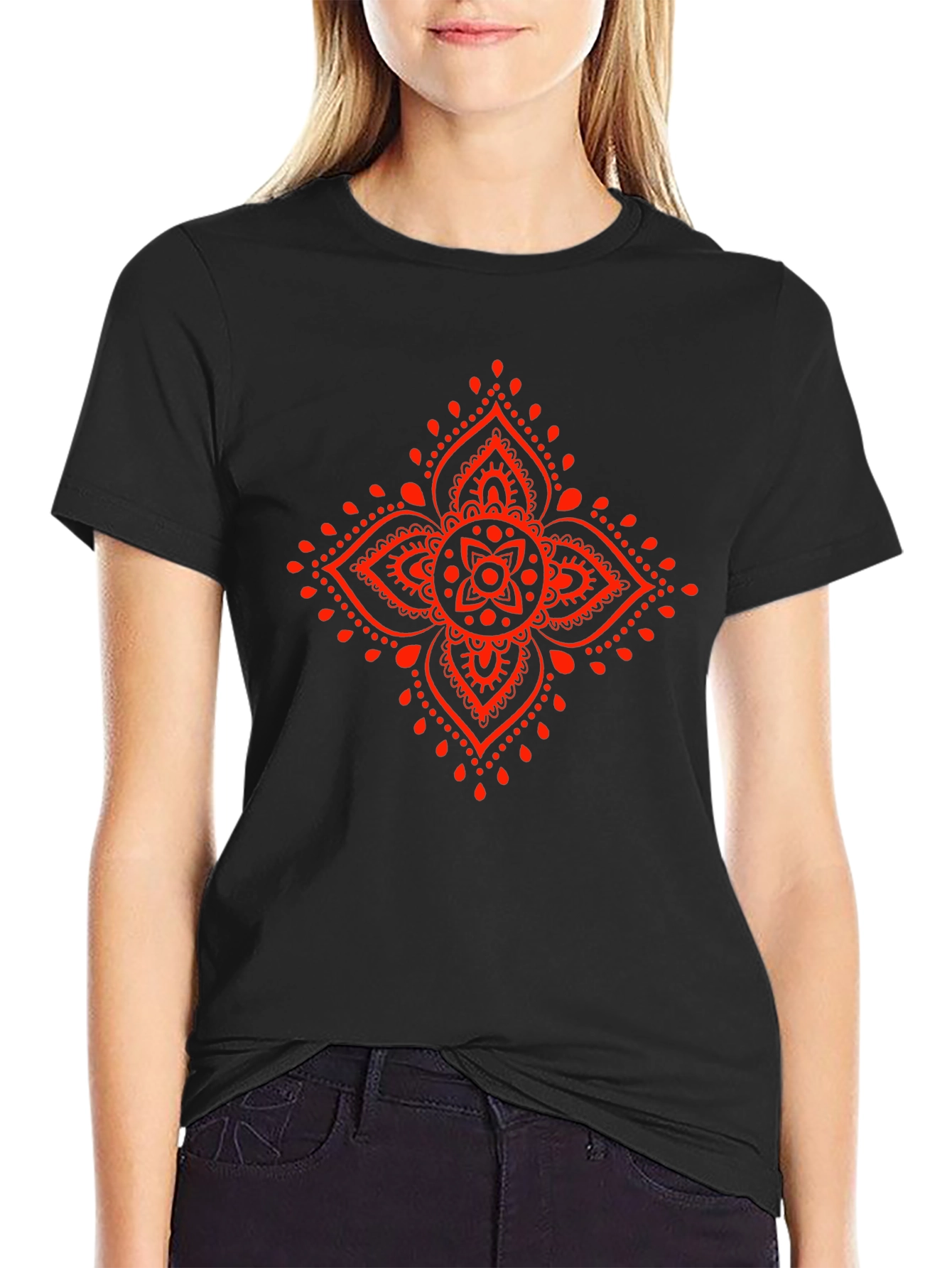 Black Tee with Red Mandala Graphic Print