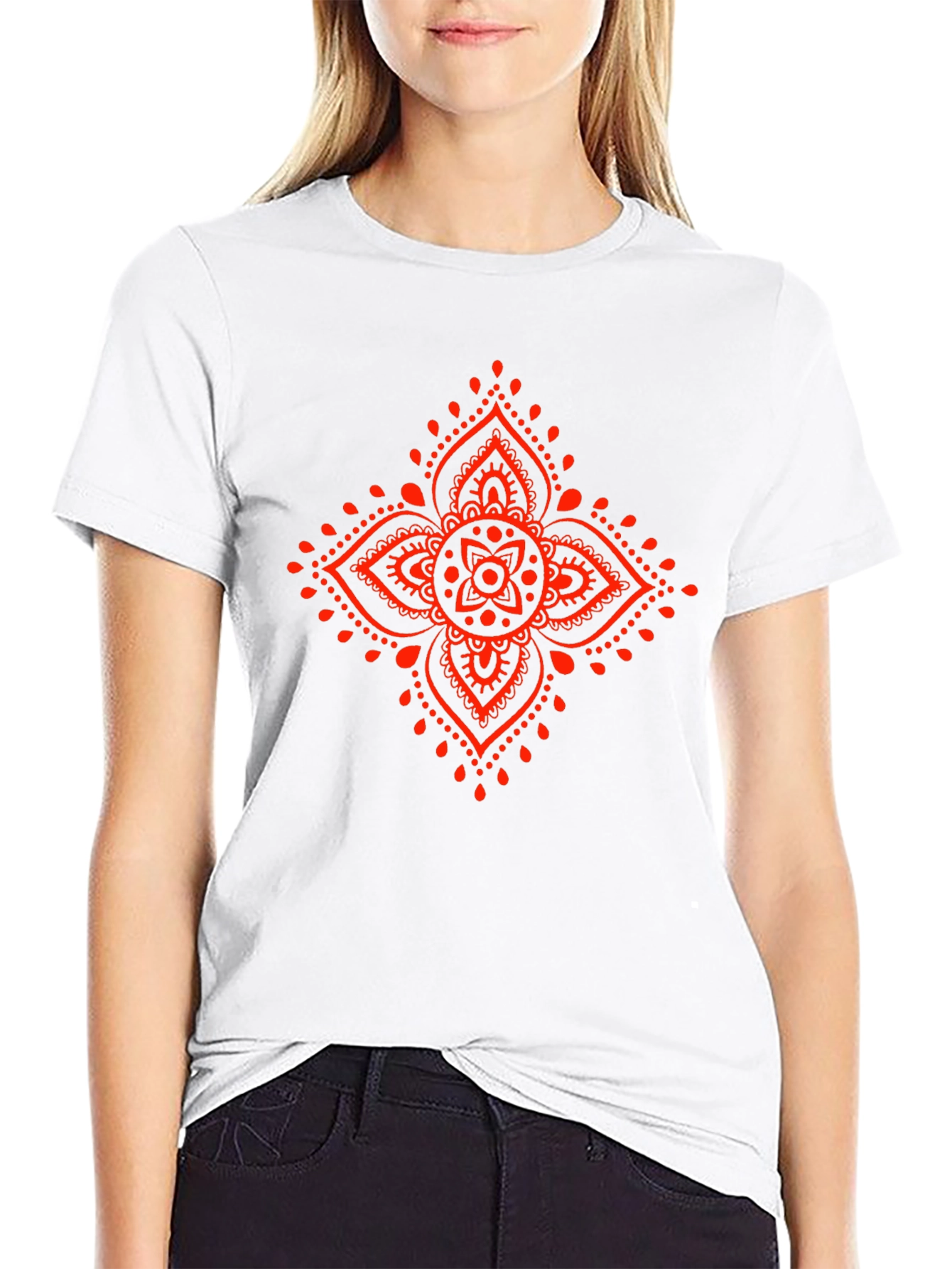 Black Tee with Red Mandala Graphic Print