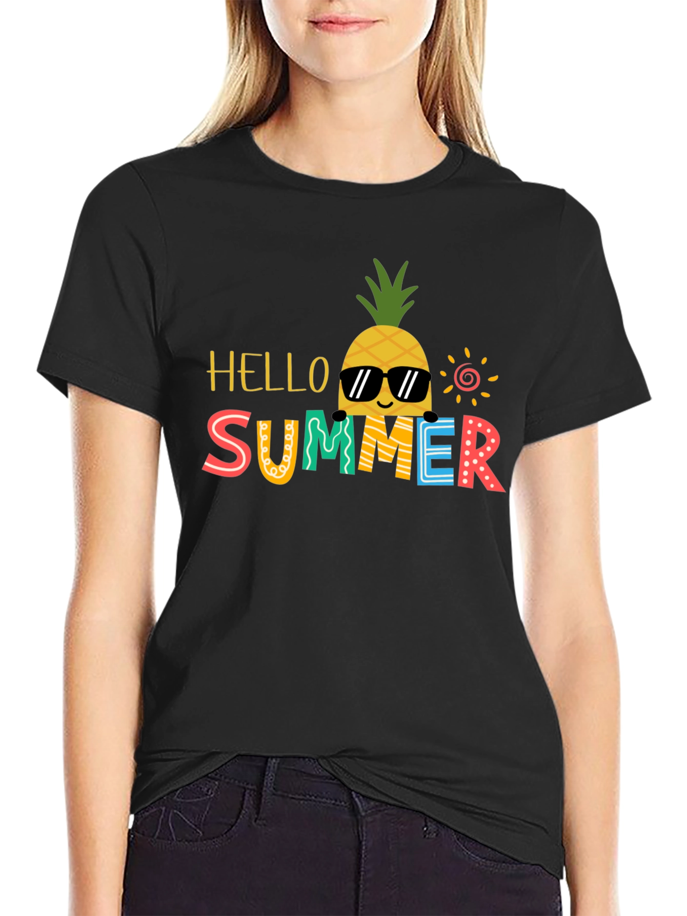 Summer Pineapple Graphic Tee - Black Cotton Blend