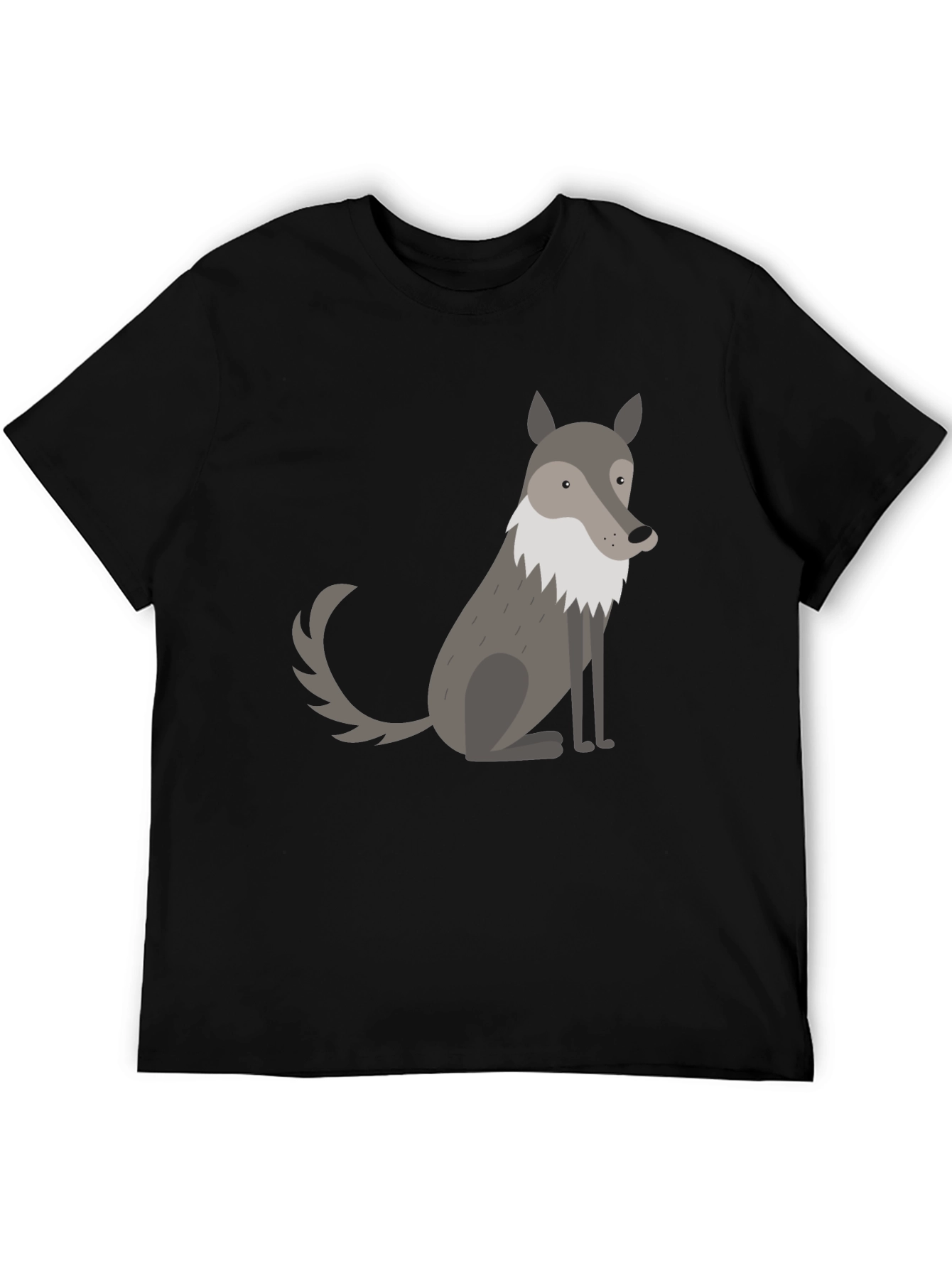 Mens Black T-Shirt with Cute Cartoon Wolf Graphic