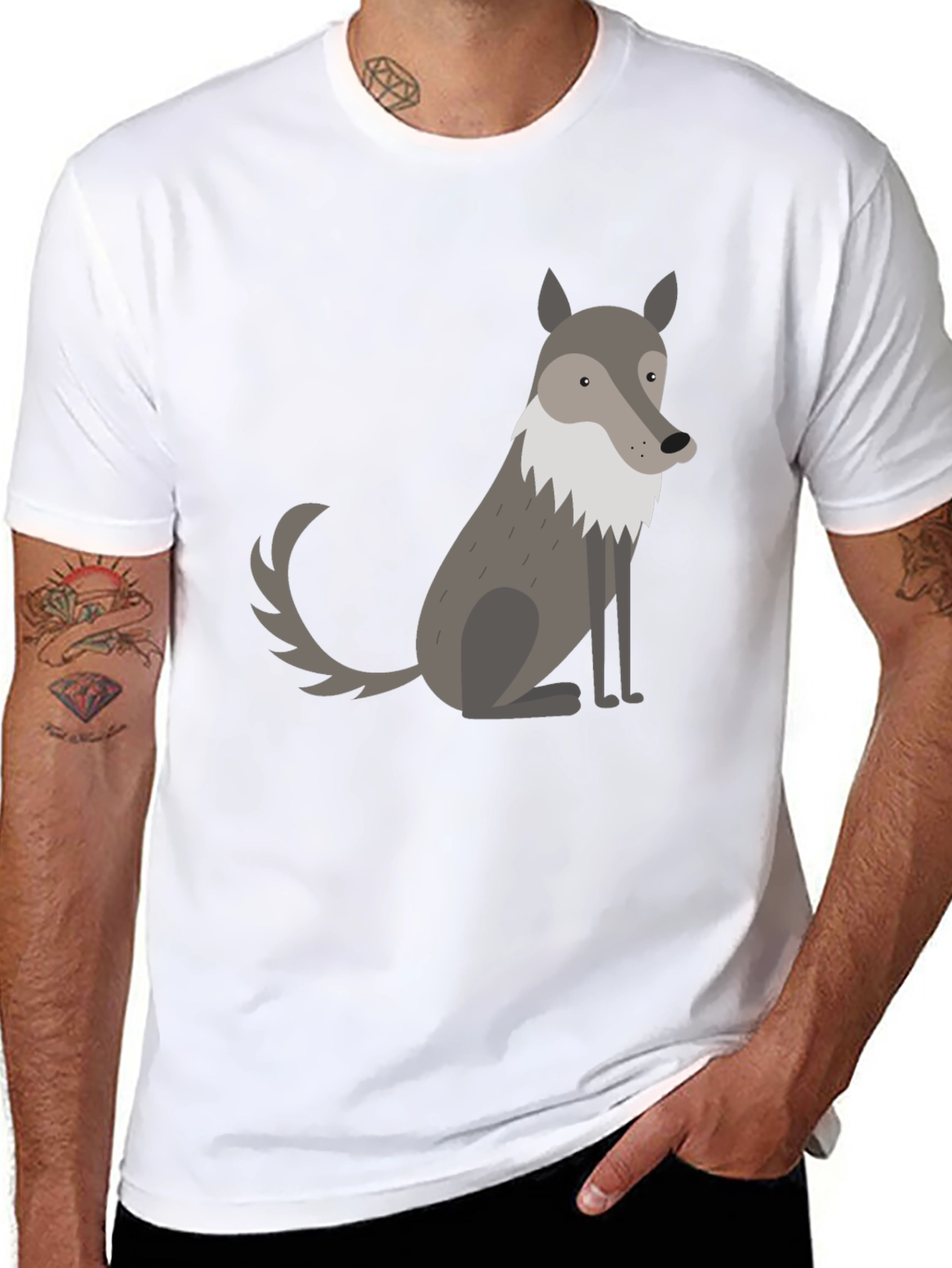 Mens Black T-Shirt with Cute Cartoon Wolf Graphic