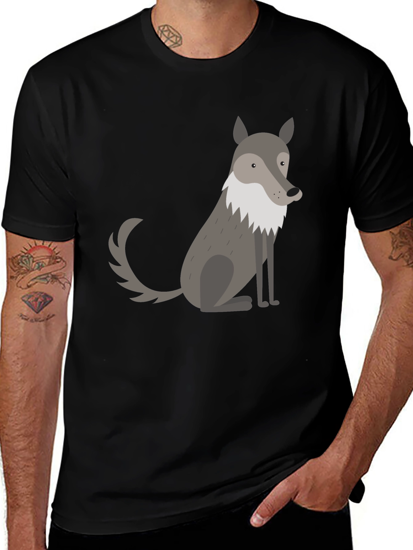 Mens Black T-Shirt with Cute Cartoon Wolf Graphic