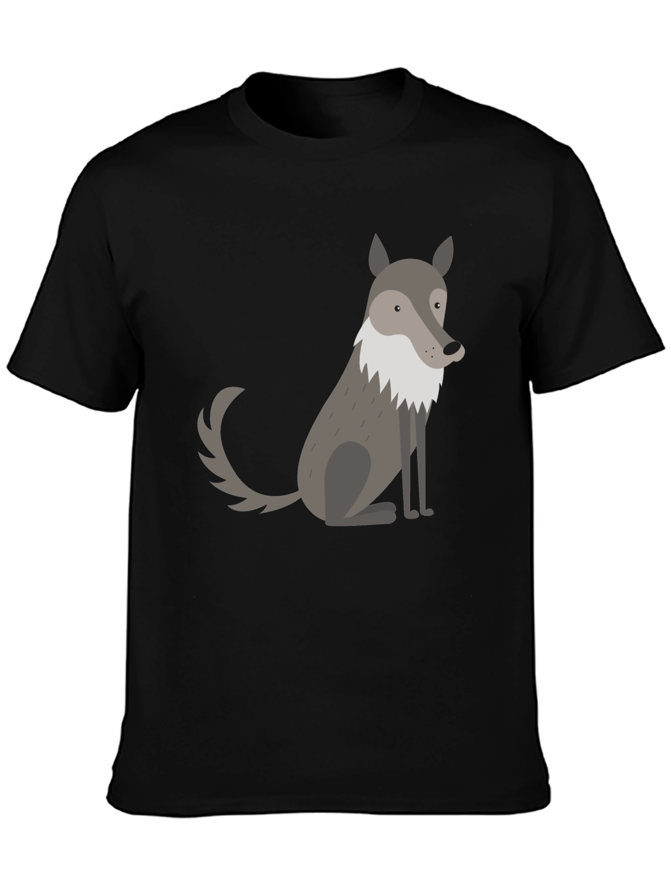 Mens Black T-Shirt with Cute Cartoon Wolf Graphic
