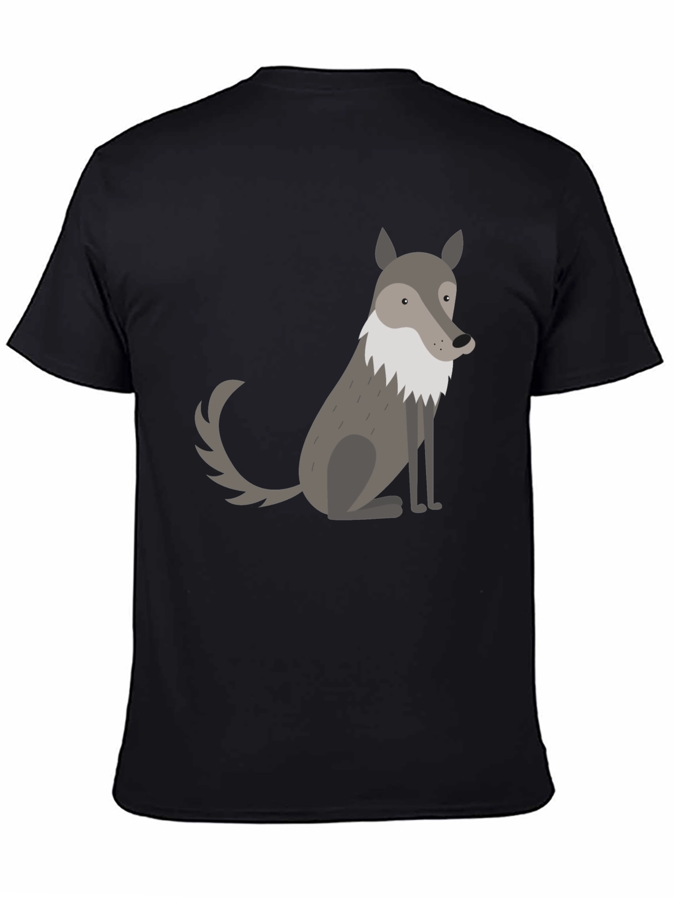 Mens Black T-Shirt with Cute Cartoon Wolf Graphic