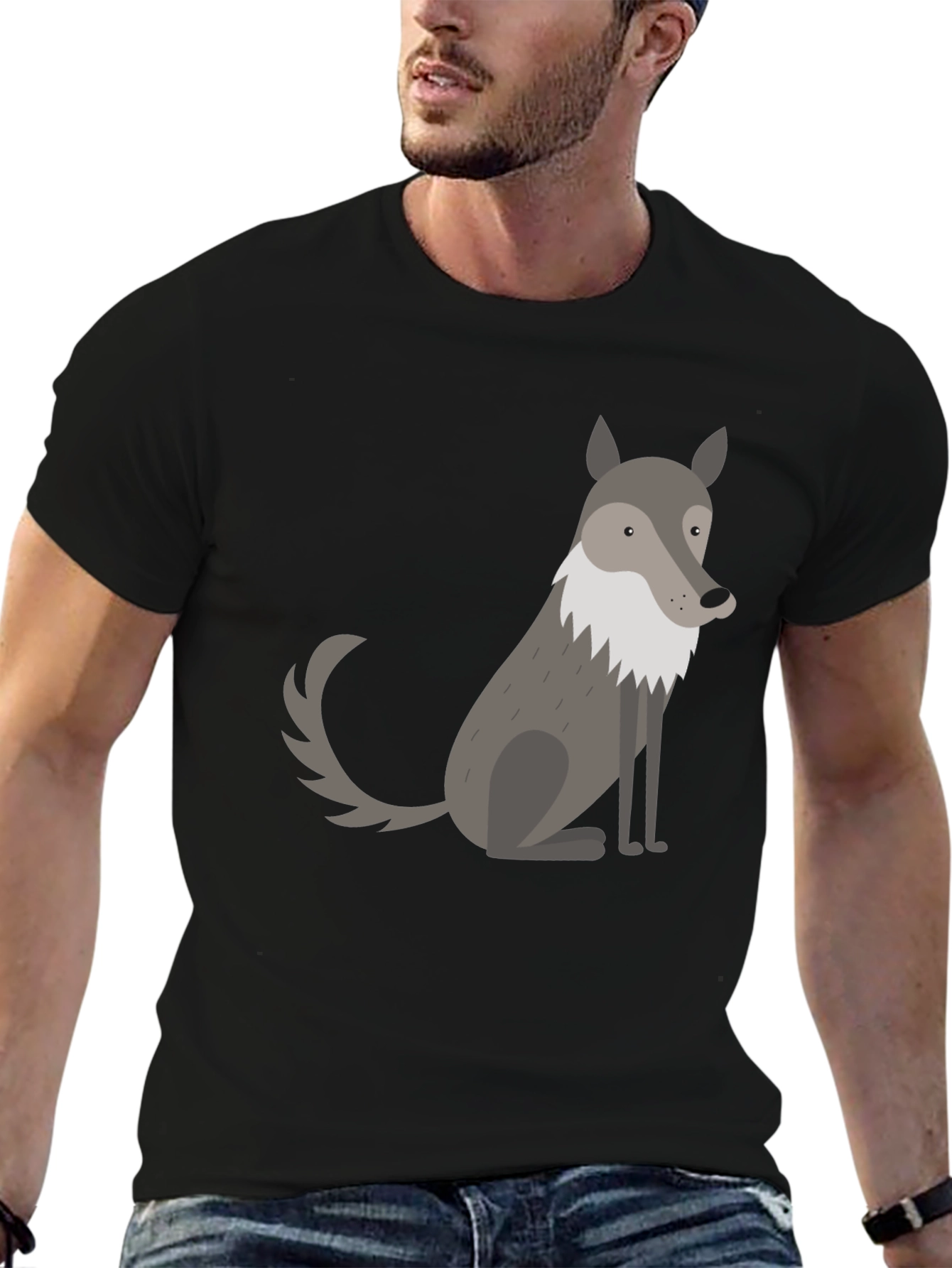 Mens Black T-Shirt with Cute Cartoon Wolf Graphic