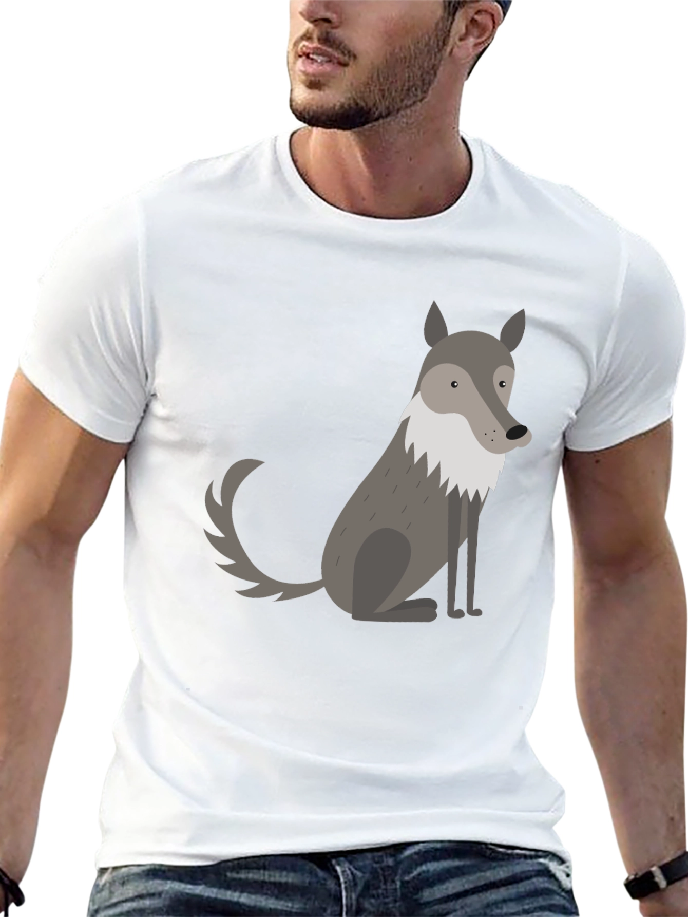 Mens Black T-Shirt with Cute Cartoon Wolf Graphic