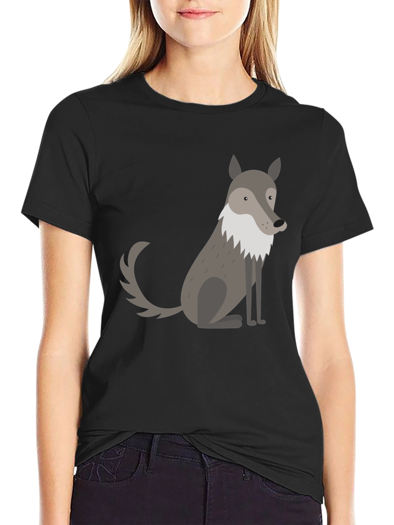 Mens Black T-Shirt with Cute Cartoon Wolf Graphic